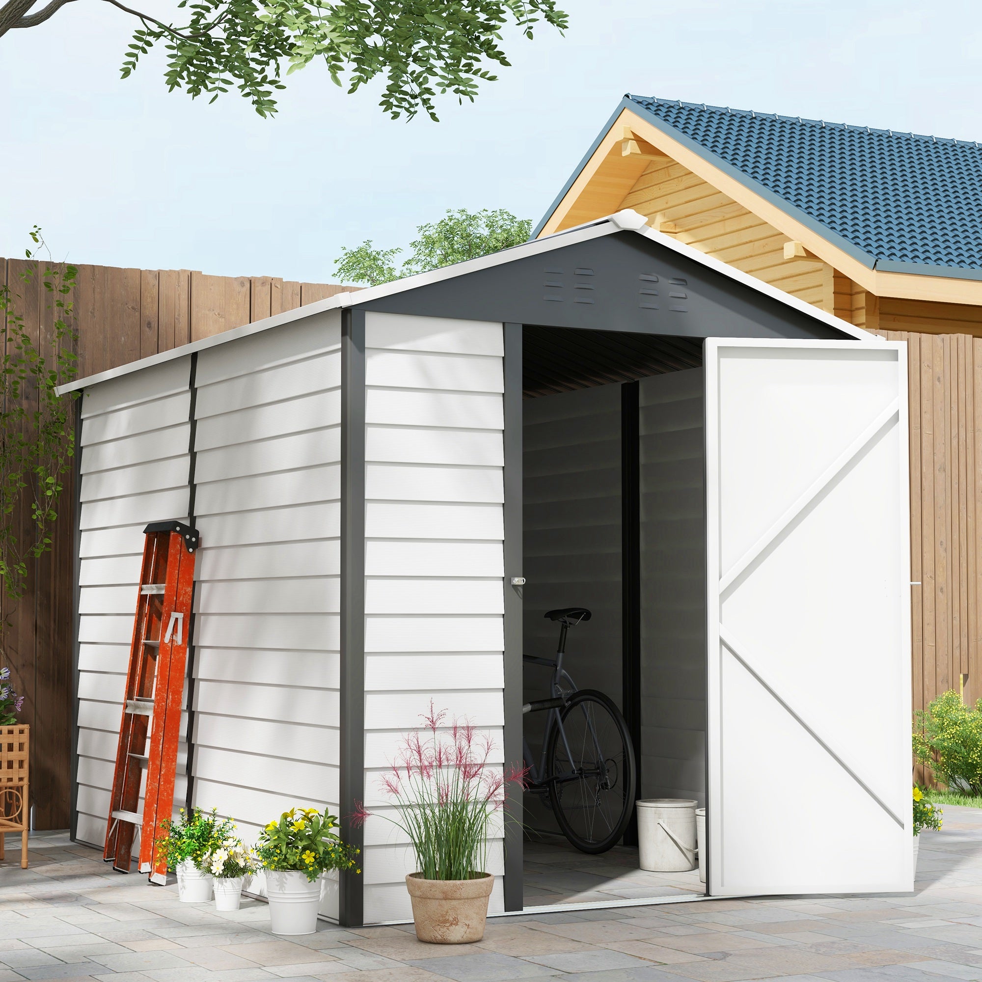 Outsunny 9x 6FT Metal Outdoor Garden Shed, Galvanised Tool Storage Shed w/ Sloped Roof, Lockable Door for Patio Lawn, Dark Grey - North Peak Garden Furniture