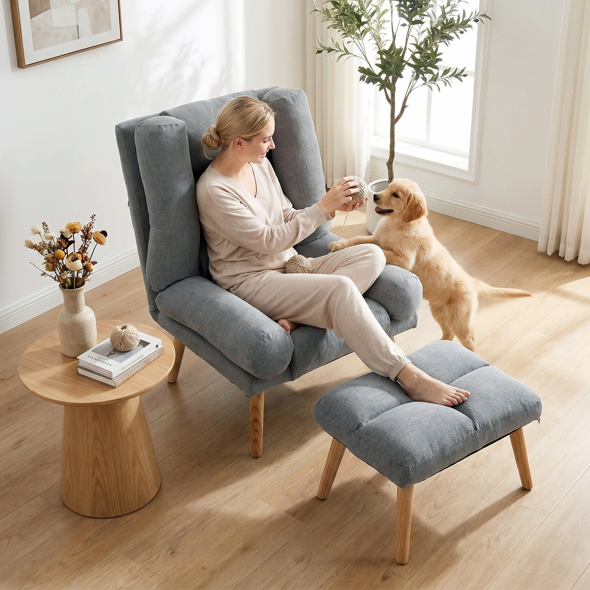 HOMCOM Recliner Chair with Footstool, Recliner Armchair with Adjustable Backrest, Thick Cushion and Wooden Legs, Grey