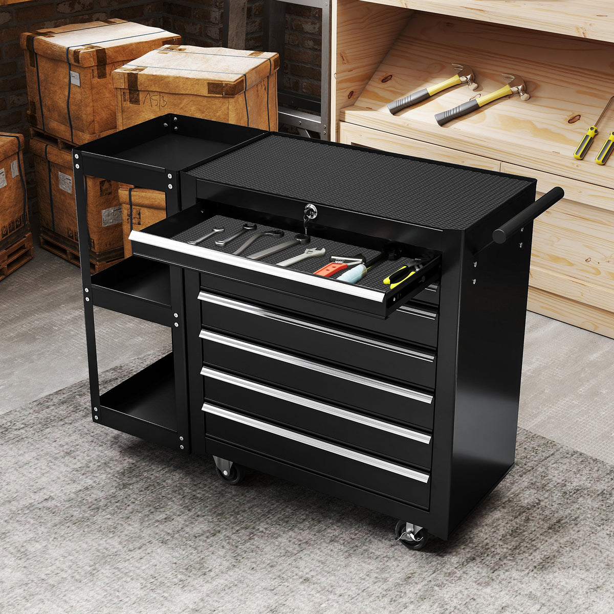 HOMCOM Lockable Steel Tool Chest on Wheels, 7 Drawer Tool Box with Handle for Workshop, Garage, Black