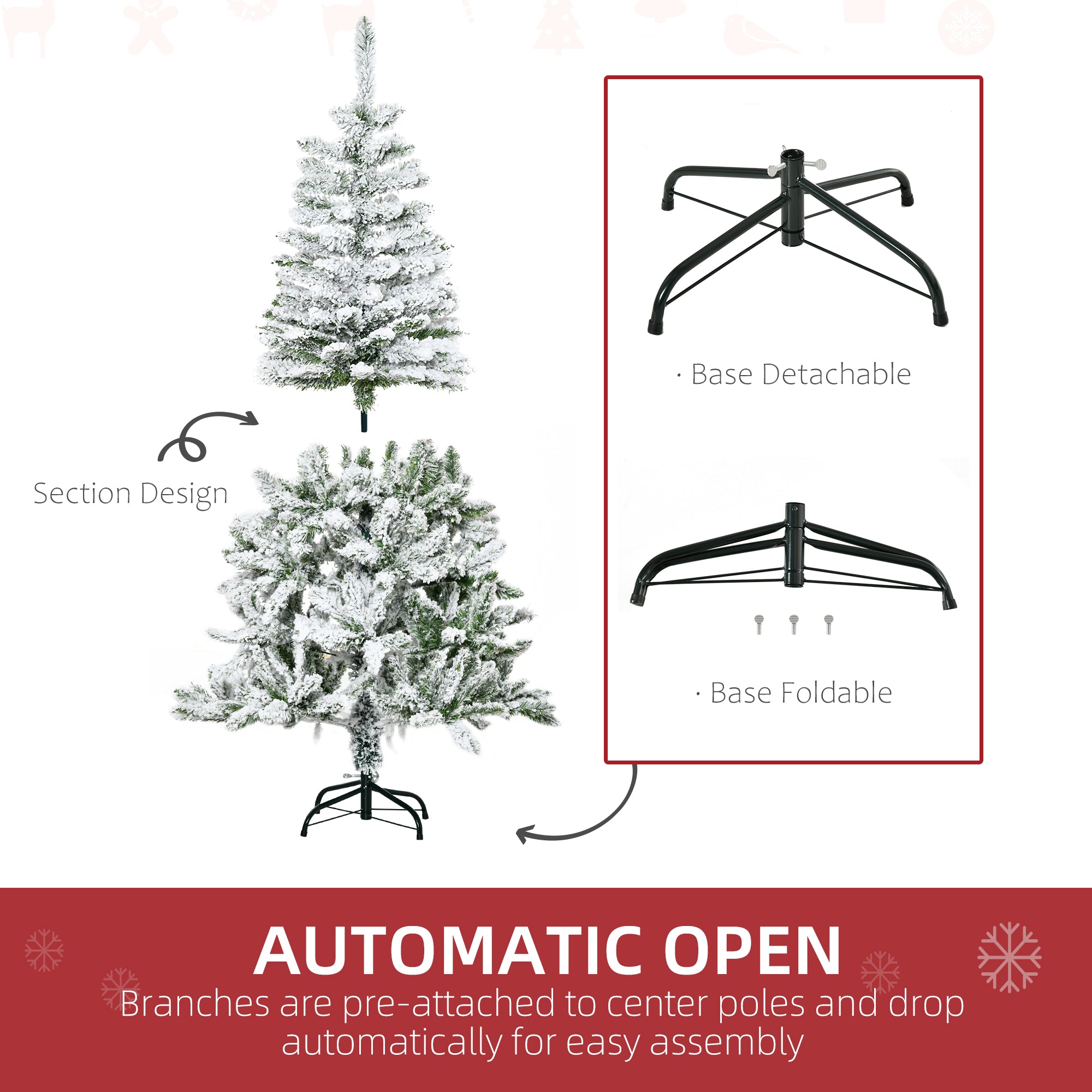 HOMCOM 5 Ft Snow Flocked Artificial Christmas Tree Xmas Pine Tree with Realistic Branches, Auto Open and Steel Base, Green