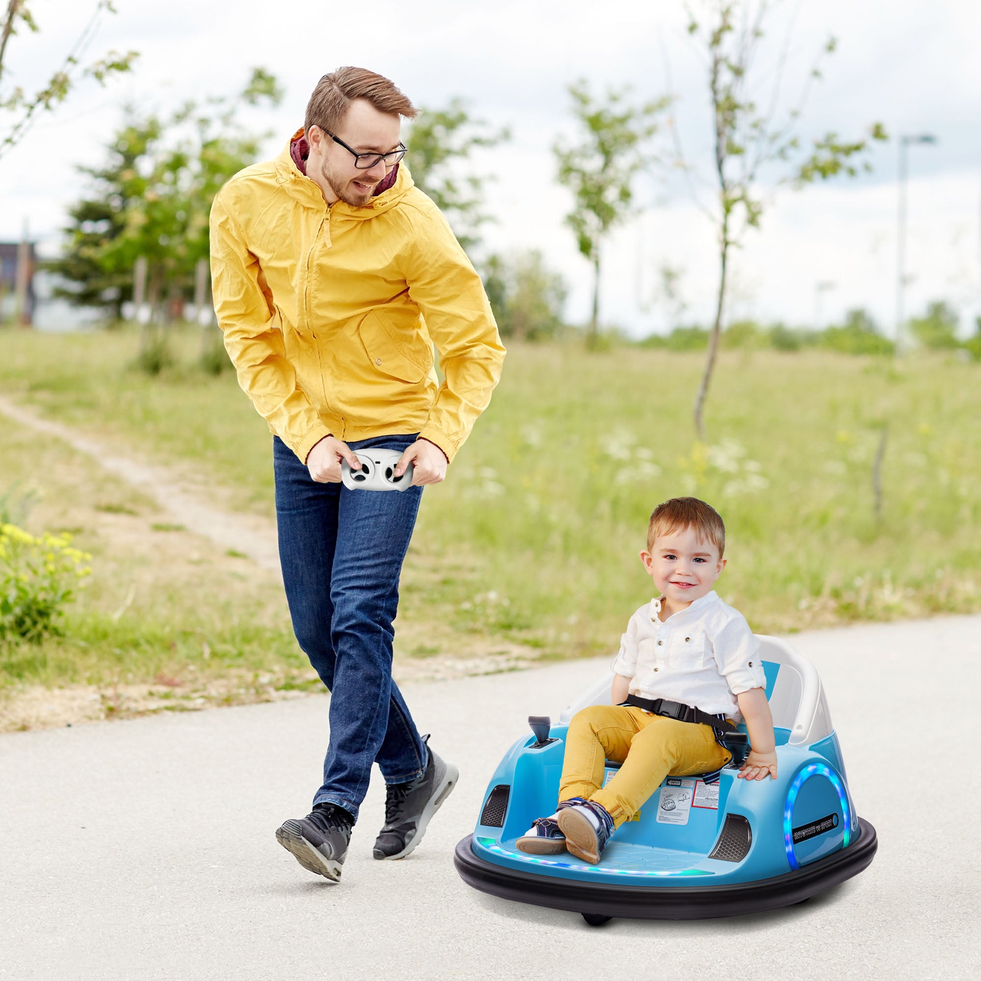 AIYAPLAY 360° Rotation Kids Bumper Car, 12V Waltz Car with Remote Control, Dual Joystick, Music, Lights, Light Blue - North Peak Garden Furniture