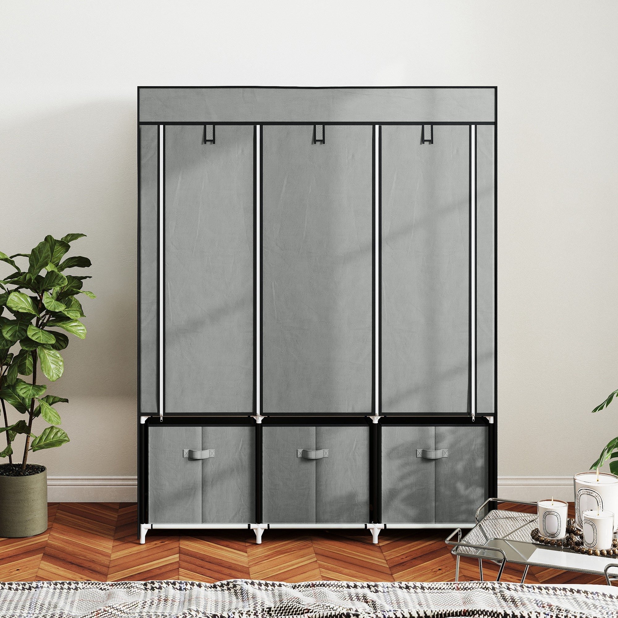 HOMCOM Fabric Wardrobe for Bedroom, Portable Wardrobe with 5 Shelves, 2 Hanging Rails and 3 Fabric Drawers, Foldable Closet, 125 x 43 x 162.5cm, Light Grey - North Peak Garden Furniture