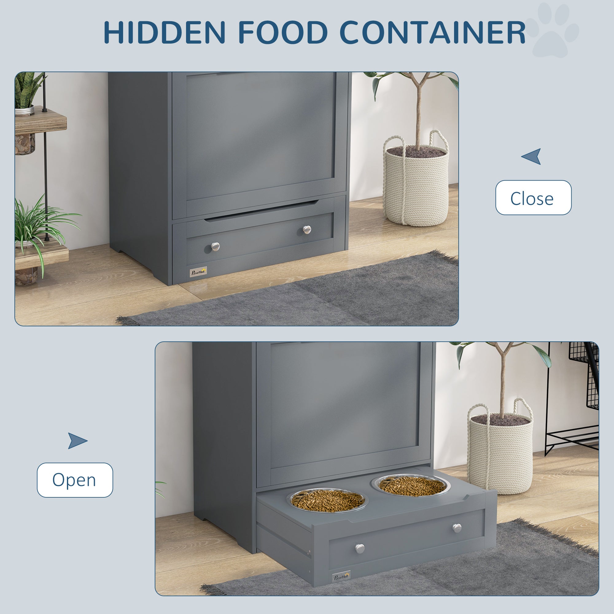 PawHut Pet Feeder Station, Dog, Cat Storage Container, with Raised Bowls, Hanger, Cabinet - Grey - North Peak Garden Furniture