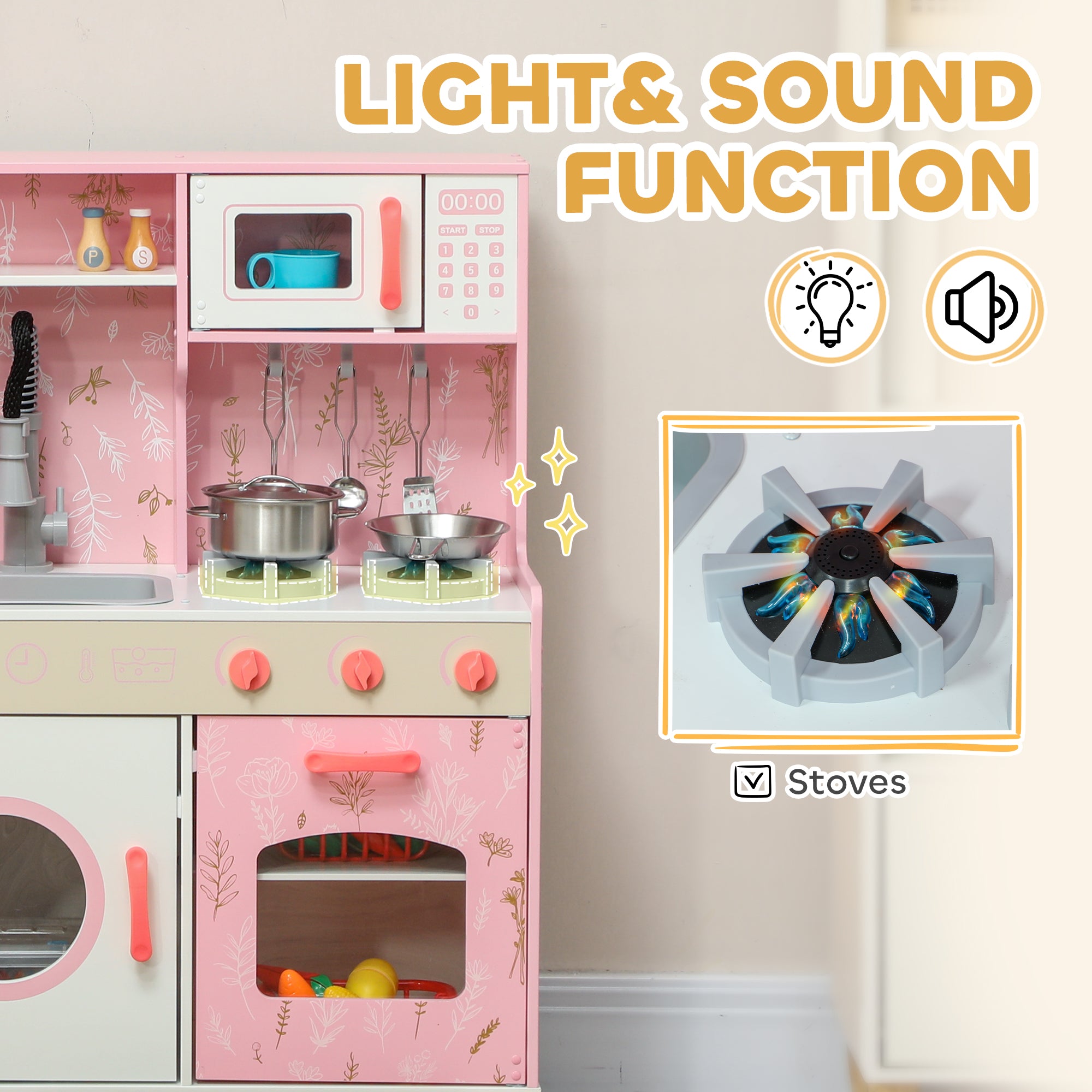 AIYAPLAY Play Kitchen, Kids Kitchen Set with Lights and Sounds, Double Stoves, Ice Maker, Chalkboard for 3+ Years - Pink - North Peak Garden Furniture