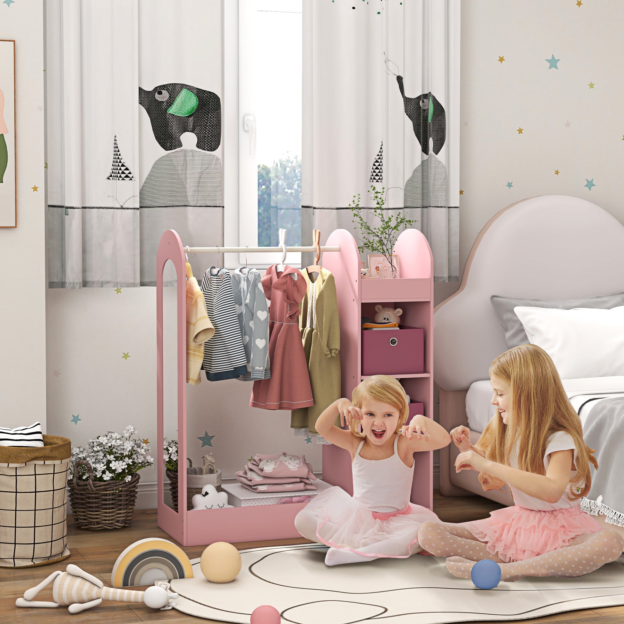 AIYAPLAY Kids Clothes Rail with Storage Shelf, Boxes, Mirror for Bedroom, Nursery, Pink - North Peak Garden Furniture
