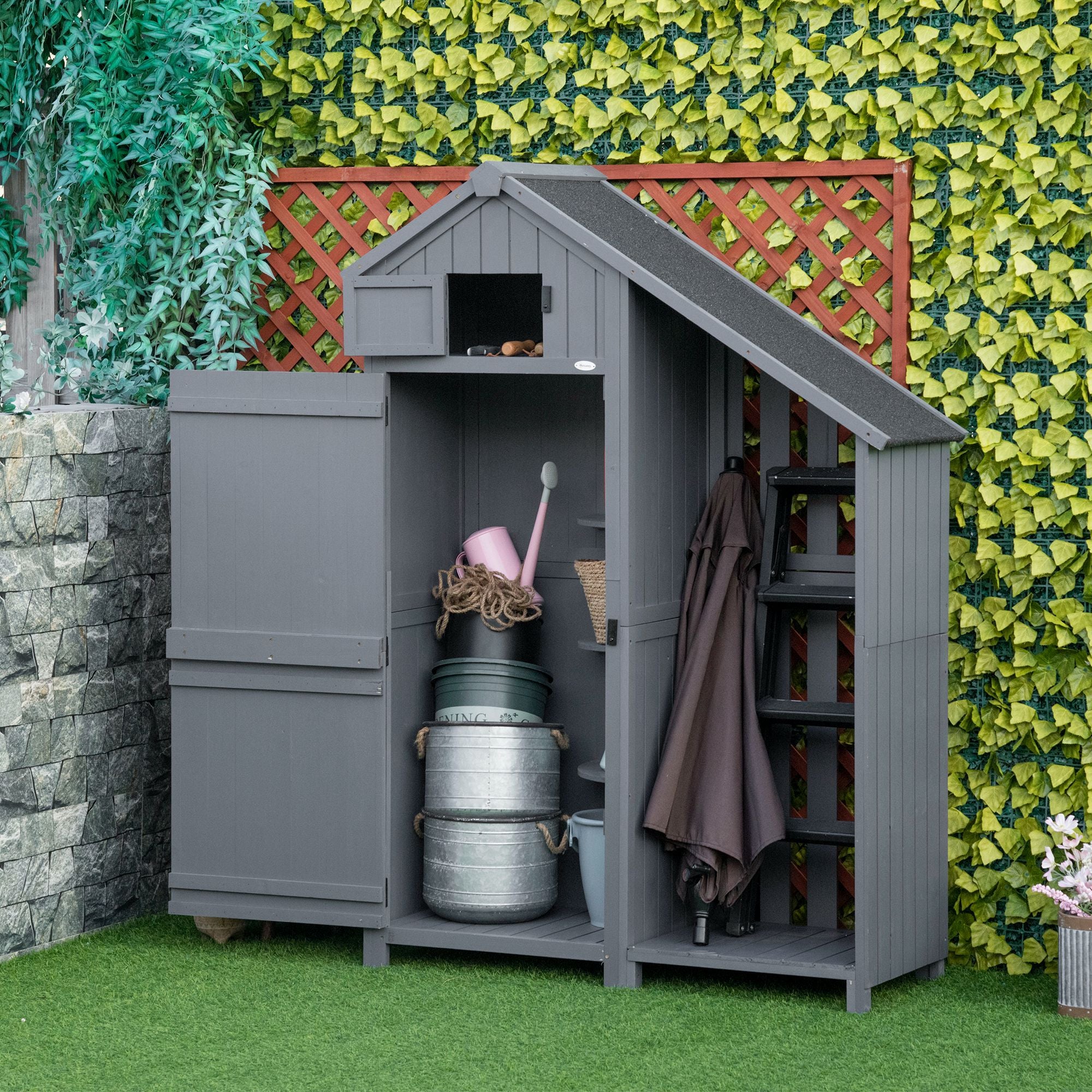 Outsunny Garden Outdoor Storage Shed Outdoor Tool Shed with 3 Shelves and Tilt Roof, 129x51.5x180cm, Grey - North Peak Garden Furniture