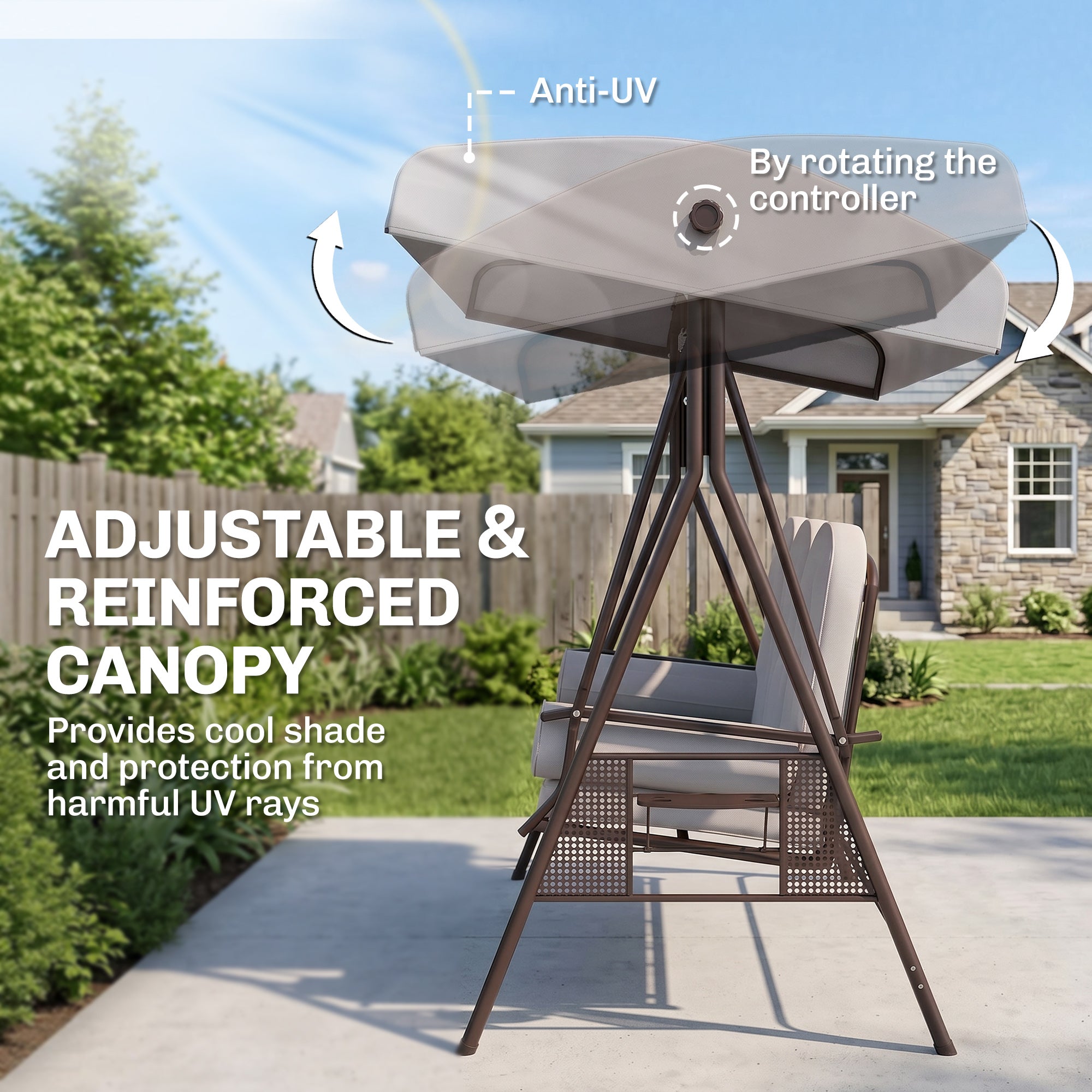 Outsunny 3 Seater Canopy Swing Chair, Outdoor Garden Swing Seat with Adjustable Canopy, Cushions and Cup Trays, Steel Frame, Light Grey