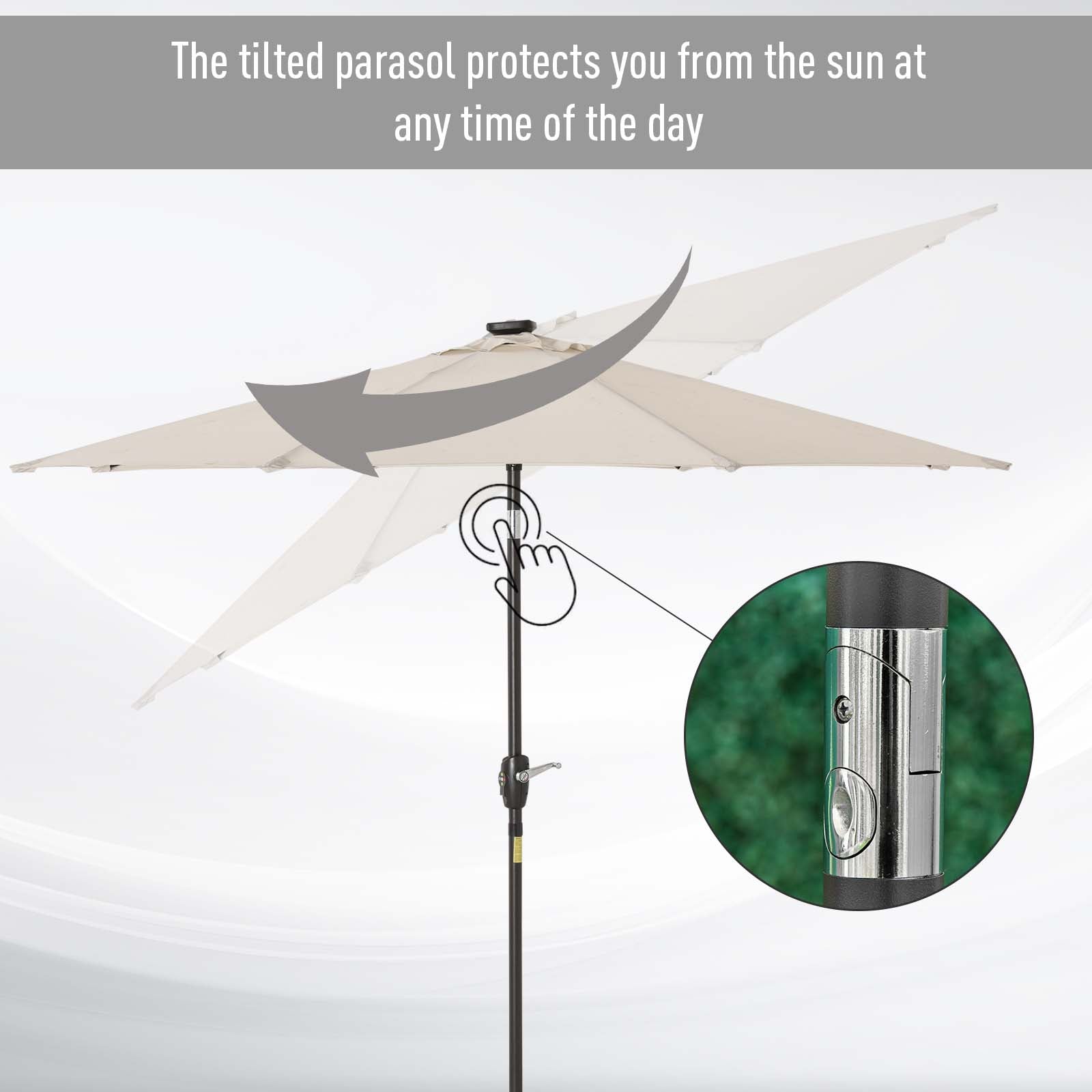 Outsunny Φ2.7m Garden 24 LED Light Parasol Solar Outdoor Tilt Sun Umbrella Patio Club Party Event Manual Sun Shade w/ Hand Crank and 8 Ribs, Off-white - North Peak Garden Furniture