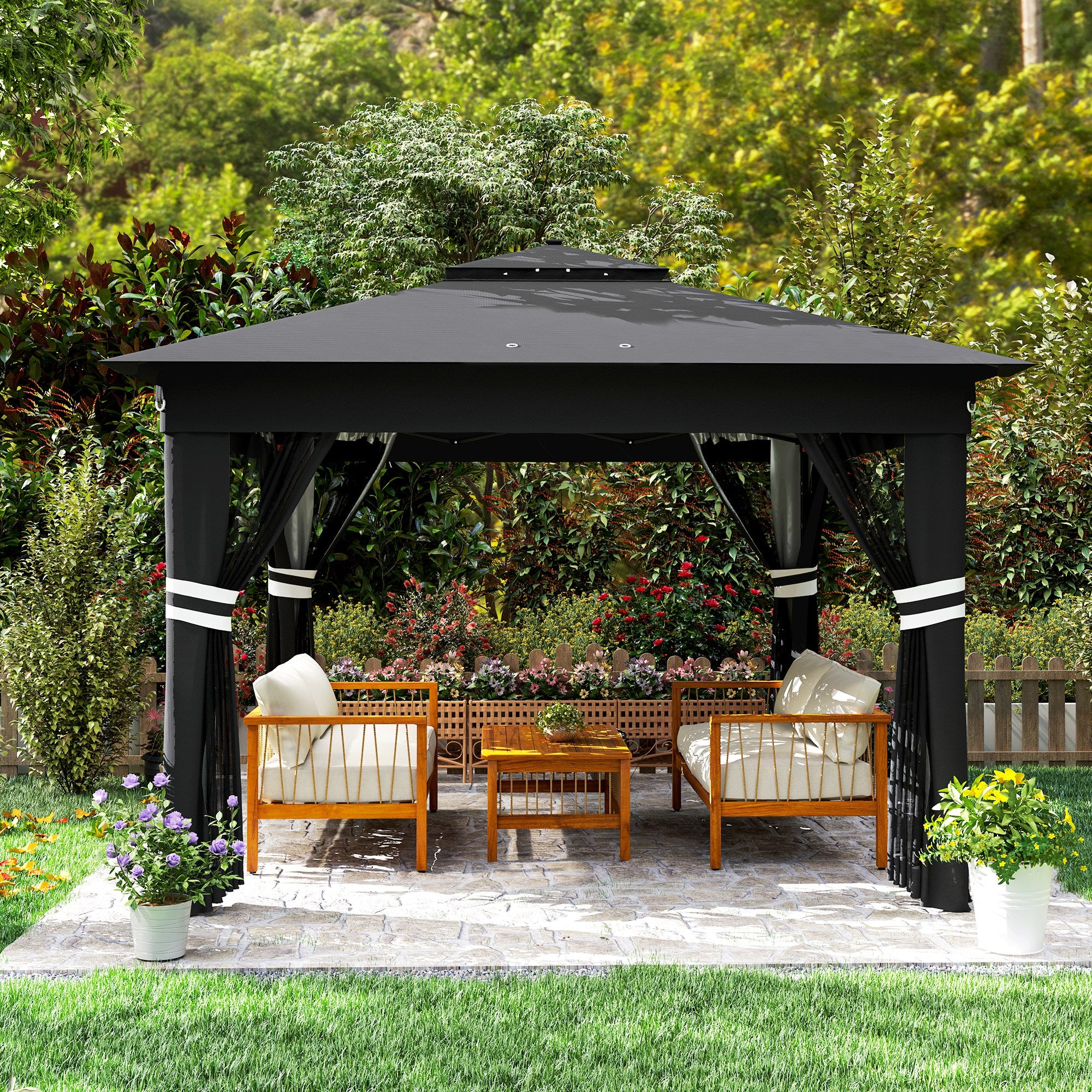 Outsunny 3 x 3(m) Pop Up Gazebo Party Tent with Solar-Powered LED Lights, Adjustable Event Shelter with Netting, Black - North Peak Garden Furniture