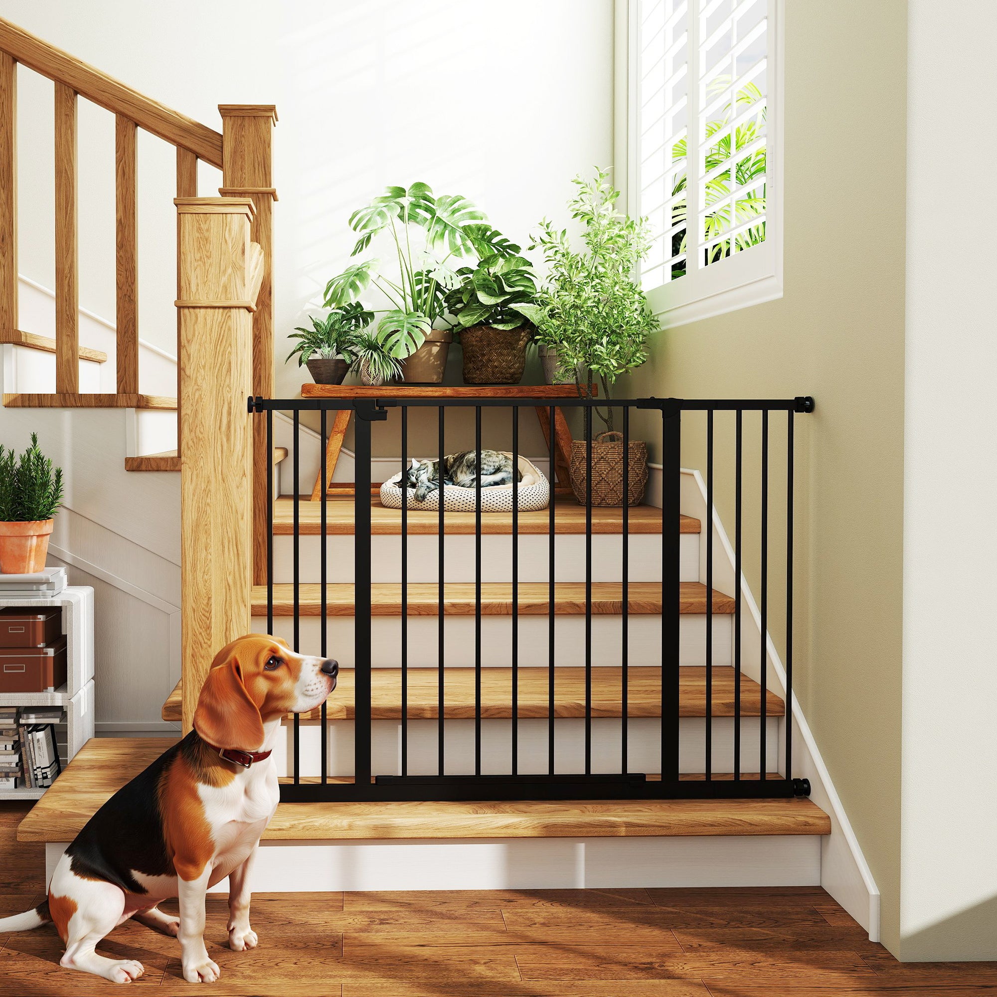 PawHut Dog Gate Pet Safety Gate Stair Barrier Pressure Fit Adjustable 76-82/86-97/101-107 cm, Black - North Peak Garden Furniture