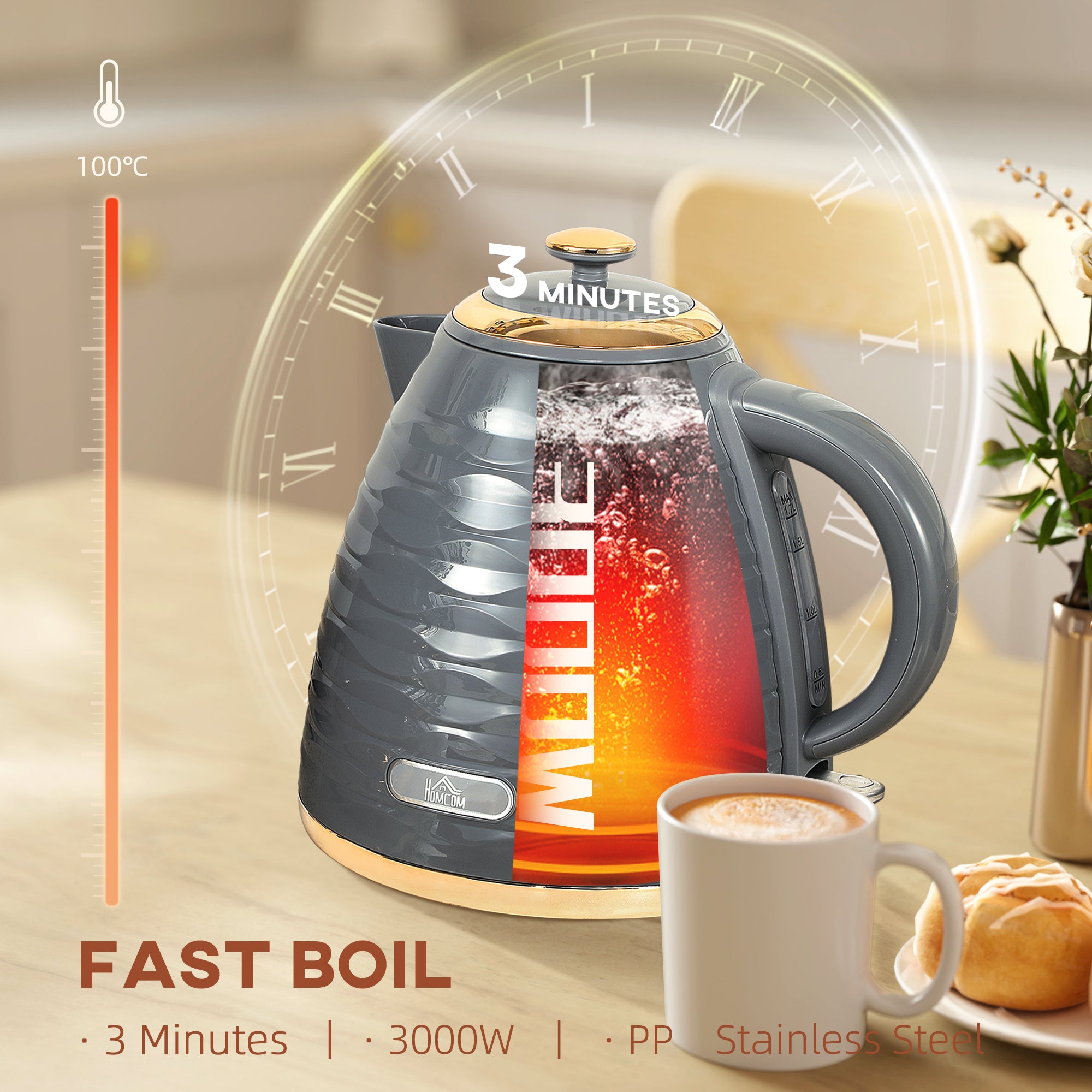 HOMCOM 3kW Rapid Boil Honeycomb Kettle - Grey - North Peak Garden Furniture