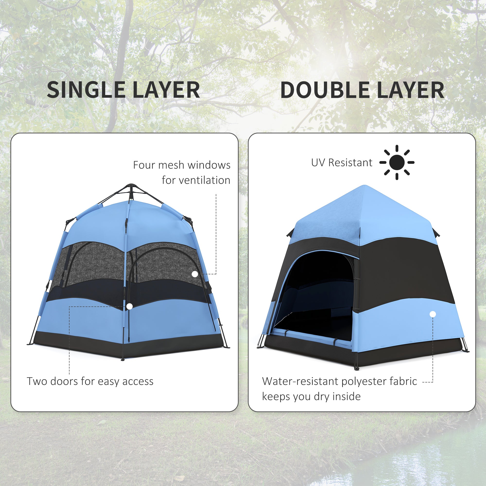 Outsunny Double Layer Dome Tent with Rainfly and Welded Floor, 4 Man Hexagon Pop Up Tent, Portable Camping Shelter with Hang Hook and Carry Bag, for Festival Hiking Family, Blue and Black - North Peak Garden Furniture
