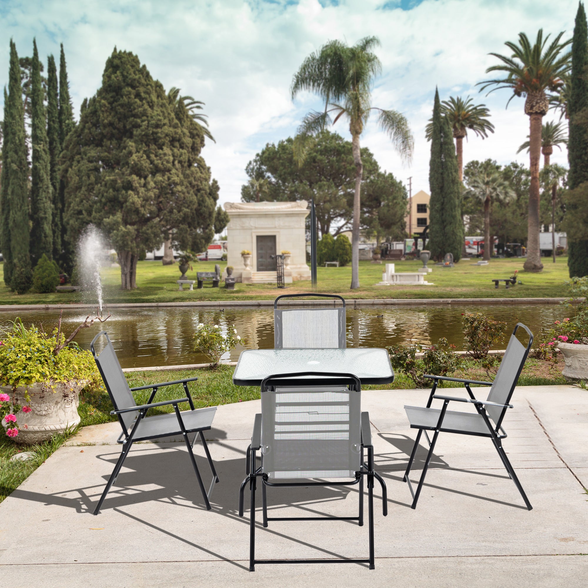 Outsunny 5 Piece Garden Dining Set Outdoor Dining Furniture 4 Folding Chairs, Glass Top Table with Parasol Hole, Texteline Seats, Black - North Peak Garden Furniture