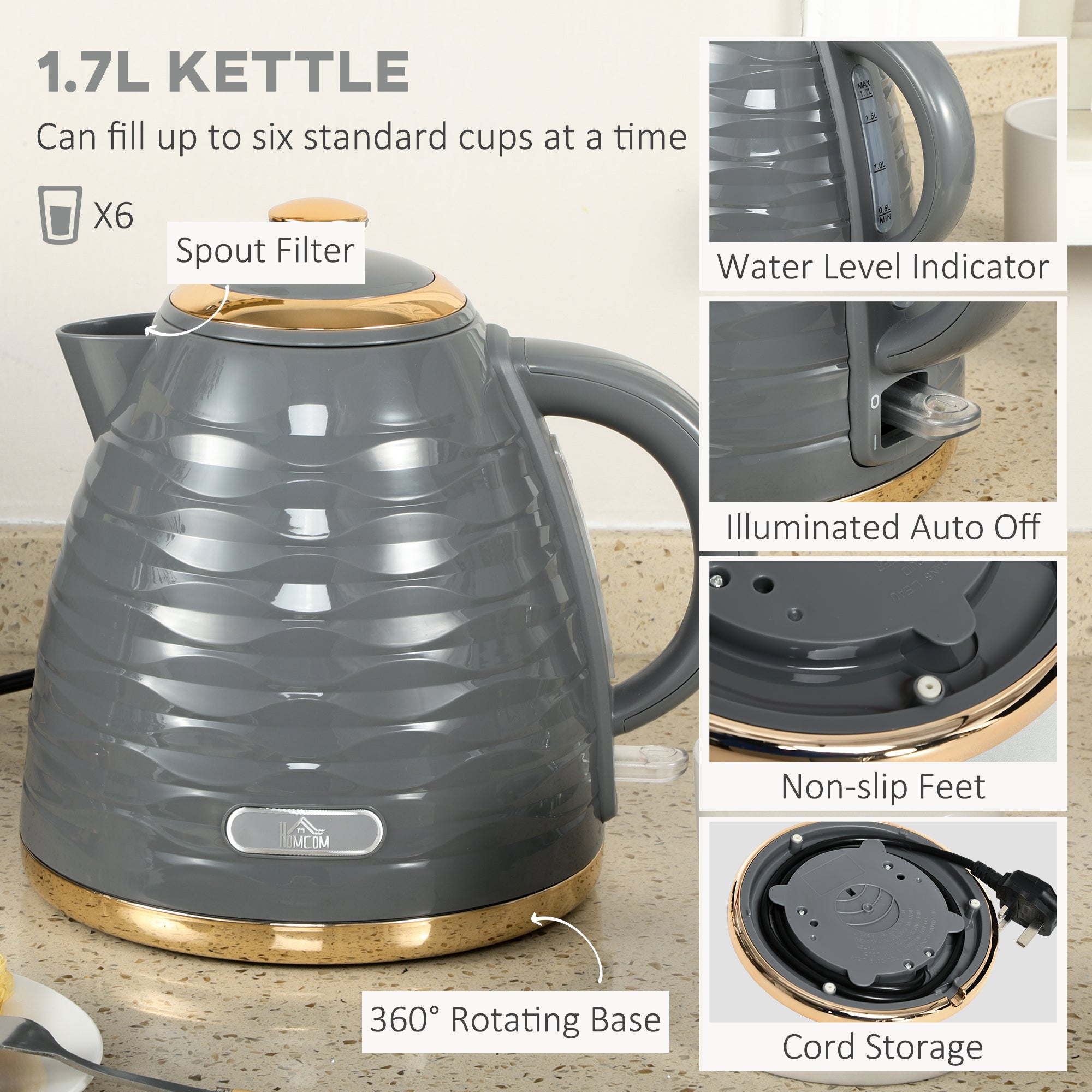 HOMCOM Kettle and Toaster Sets, 3000W 1.7L Rapid Boil Kettle & 4 Slice Toaster with 7 Browning Controls, Defrost, Reheat and Crumb Tray, Otter thermostat, Grey - North Peak Garden Furniture