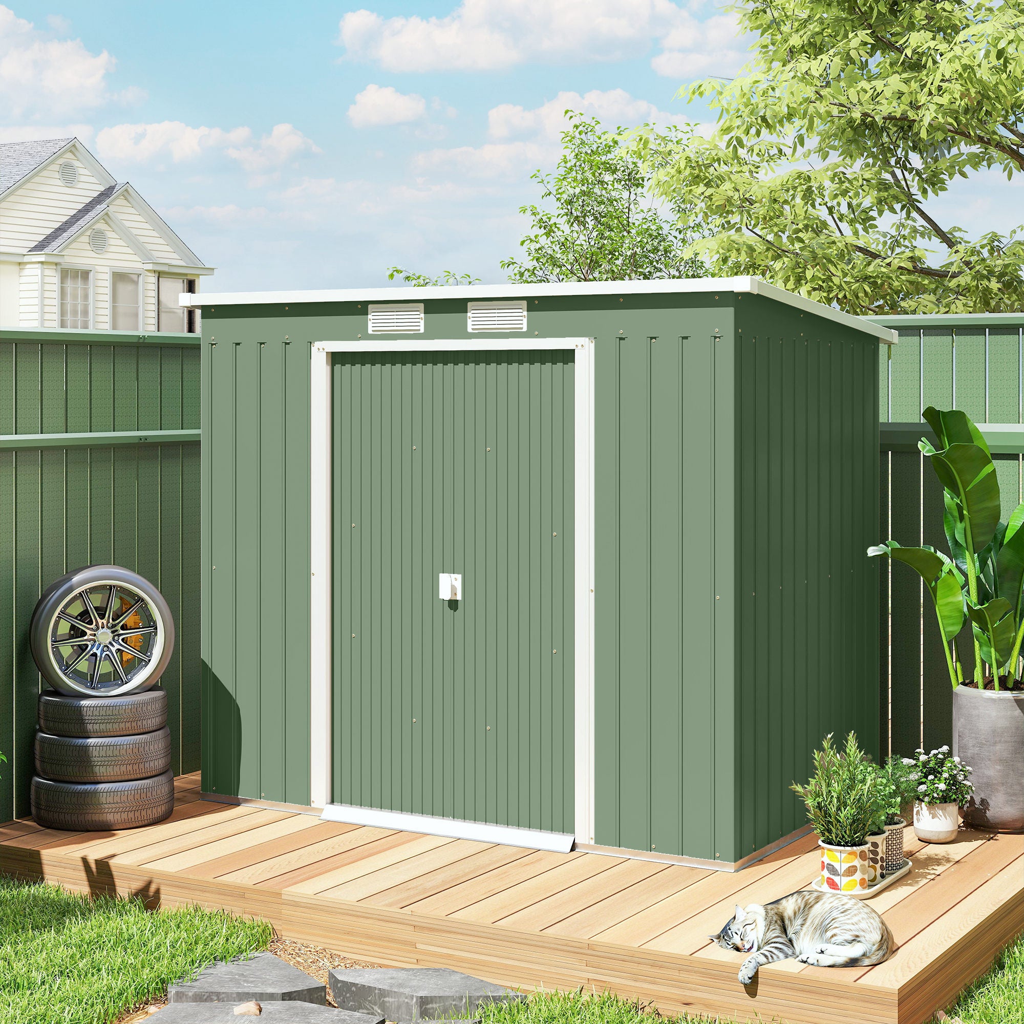Outsunny 7 x 4ft Lean to Garden Shed with Foundation Kit, Double Door and Vents, Outdoor Metal Storage Shed for Equipment Tools, Green