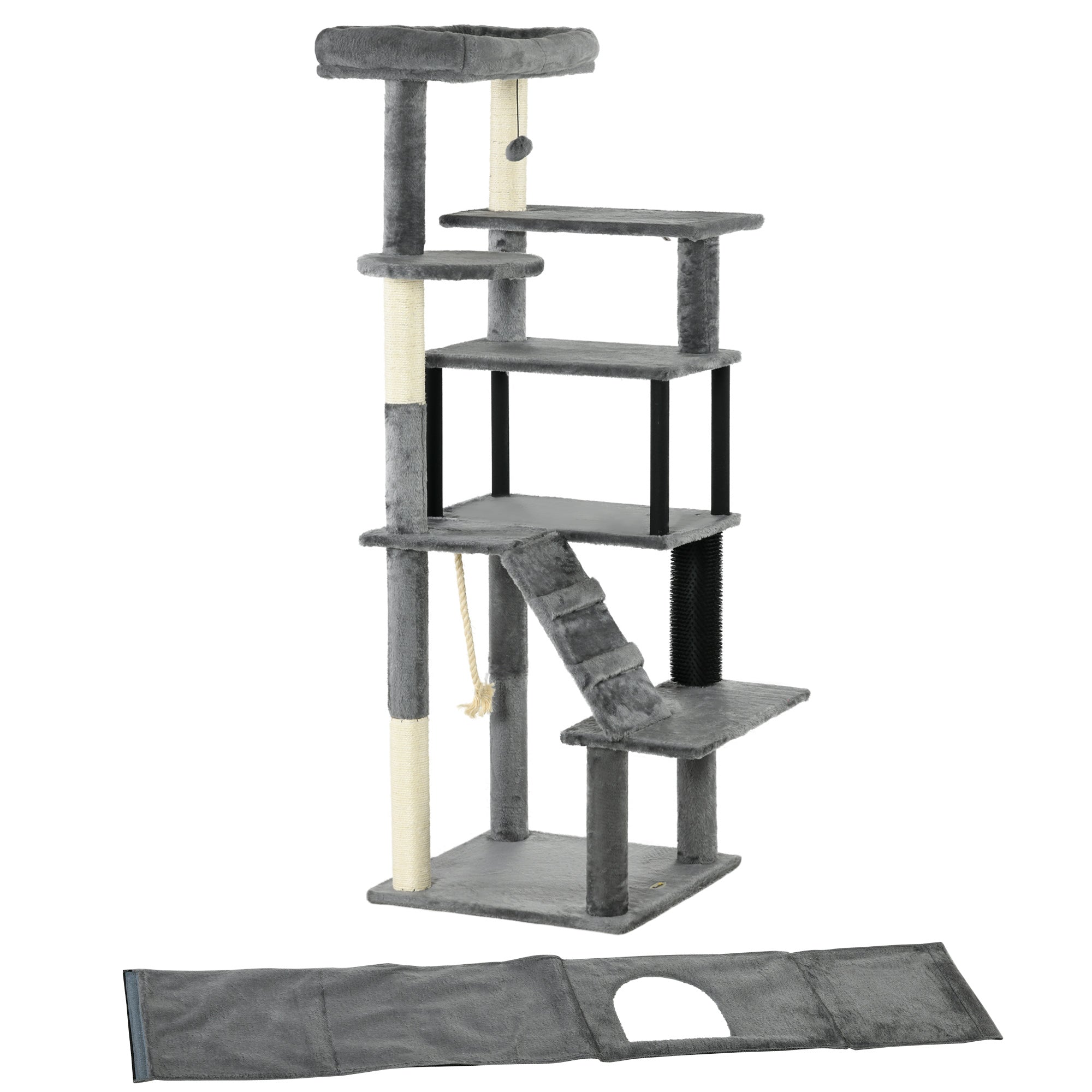 PawHut Cat Tree Tower for Indoor Cats, with Scratching Post, Cat House, Toy, Grey - North Peak Garden Furniture