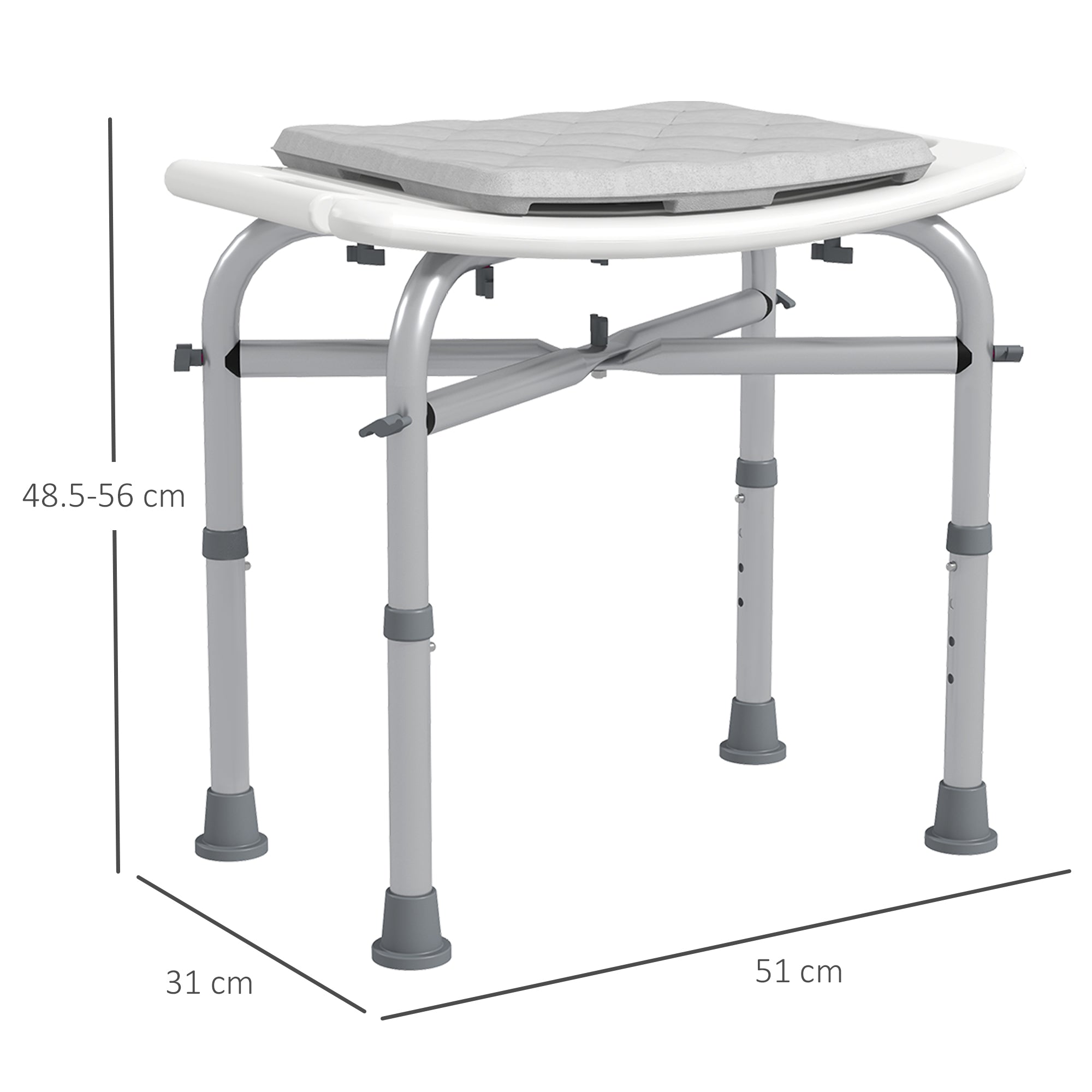 HOMCOM Aluminium Shower Stool for Elderly, Height Adjustable Shower Seat with Removable Padded Cushion, Shower Head Holder, Non-Slip Bath Stool for Seniors, Disabled, Pregnant, White