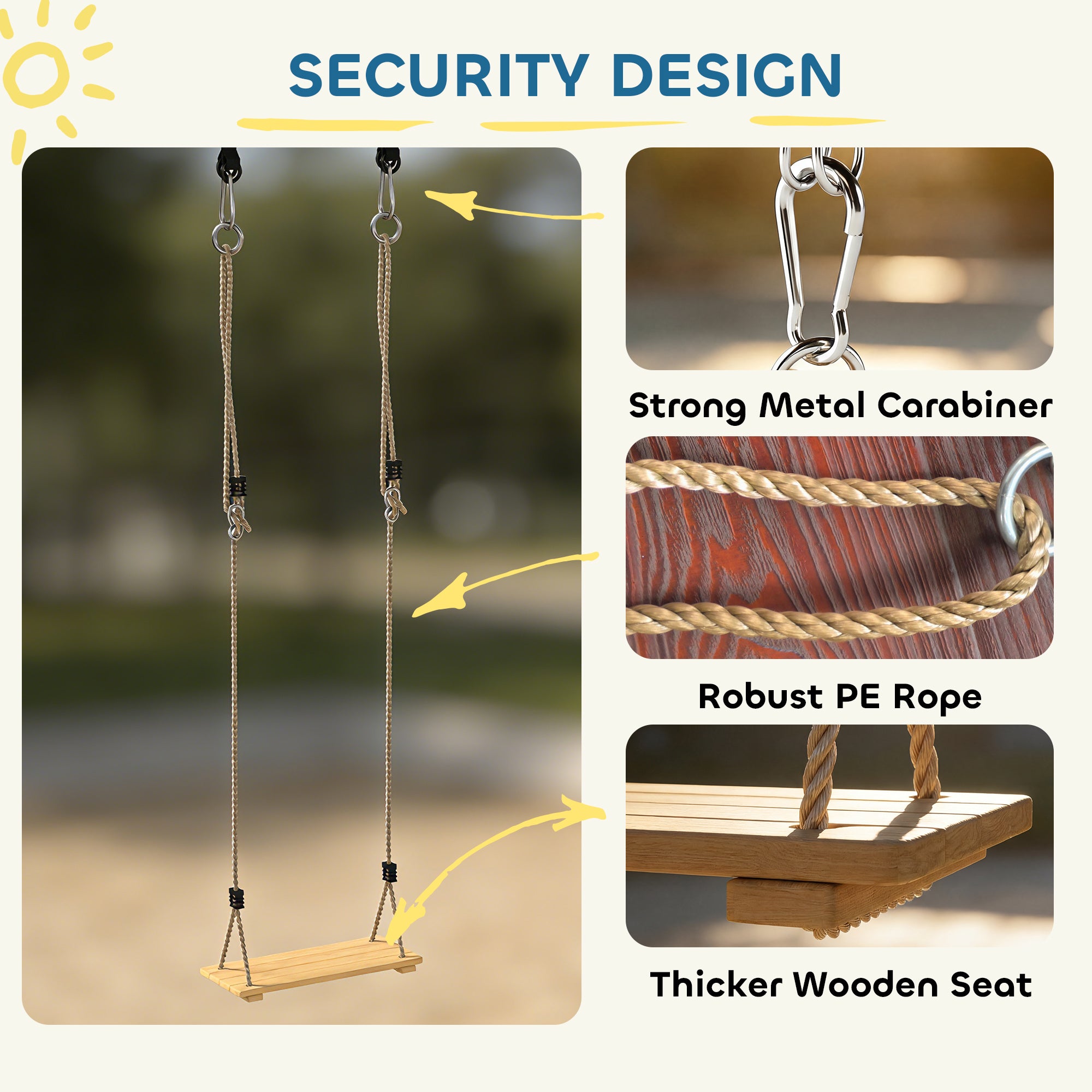 AIYAPLAY Wooden Swing Seat, Kids Swing Set with Adjustable Rope and Tree Straps, Outdoor Playground Playset for Kids