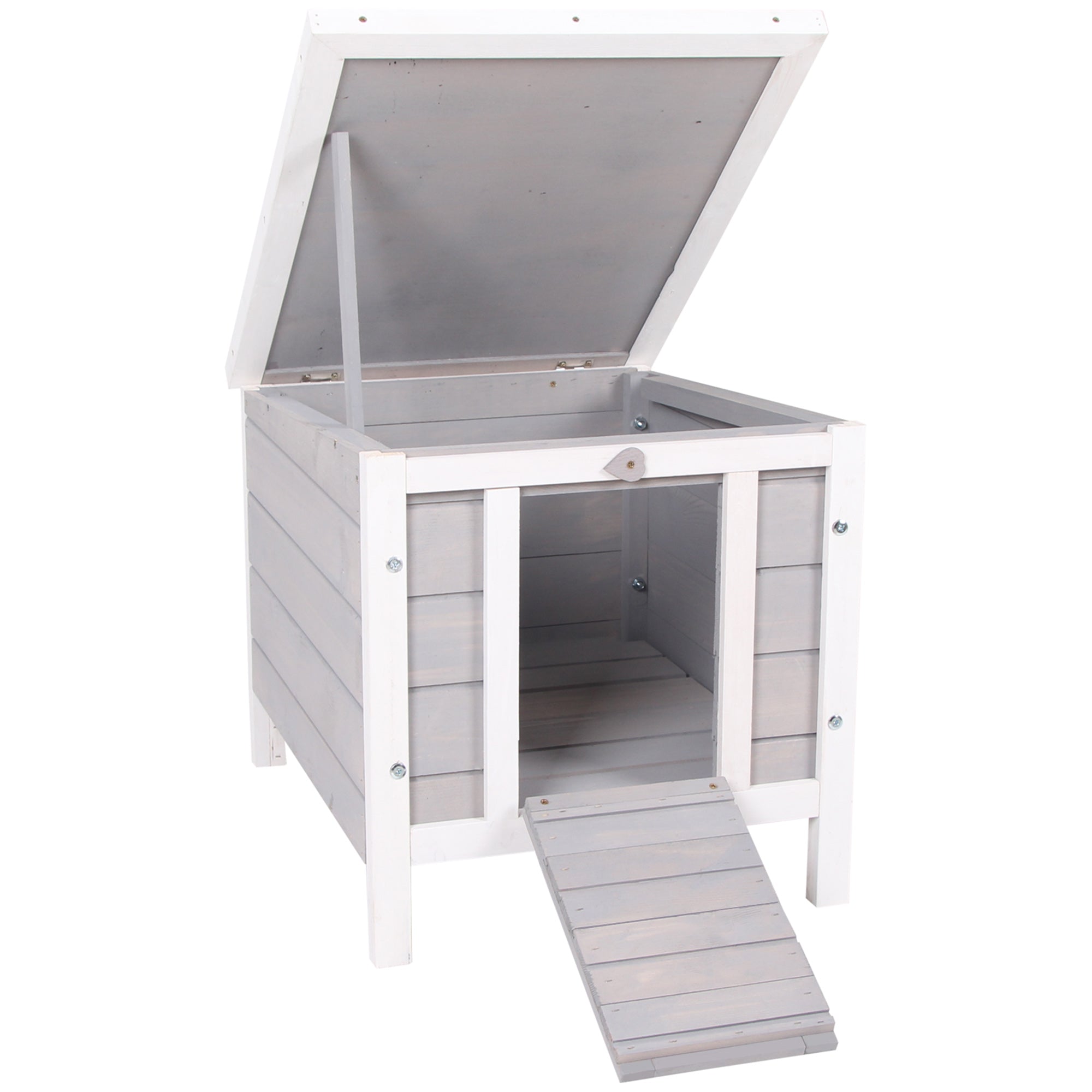 PawHut Wooden Rabbit Hutch Outdoor, Guinea Pig Hutch, Rabbit Hideaway, Cat House, Bunny Cage Small Animal House 51 x 42 x 43 cm, Grey - North Peak Garden Furniture