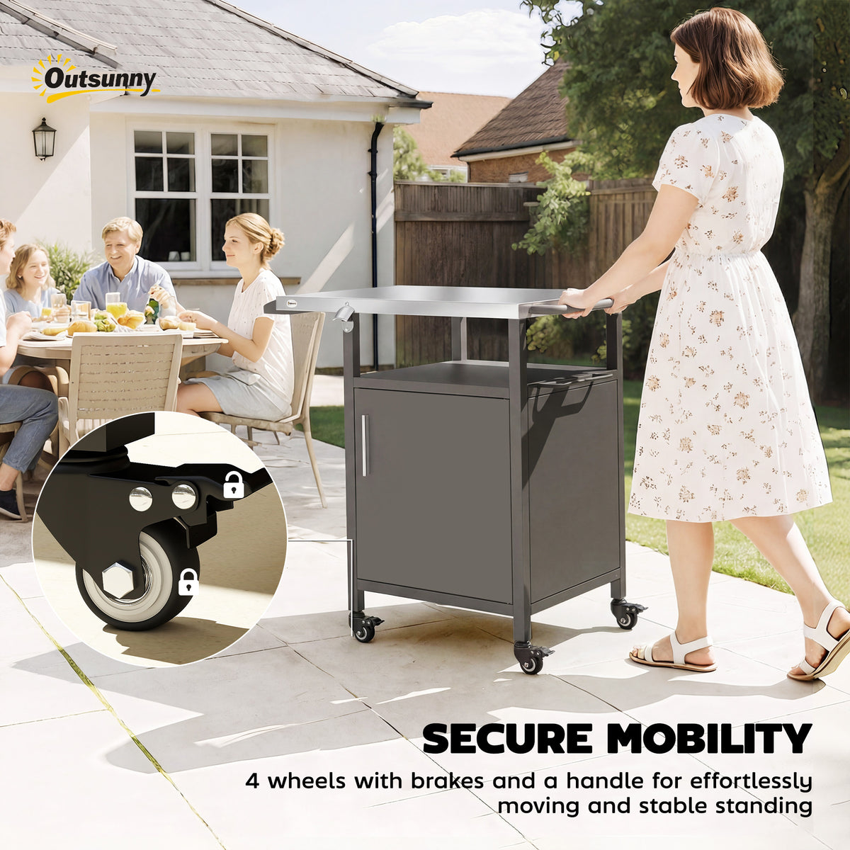 Outsunny Grill Cart with Stainless Steel Top, Pizza Oven Stand with Cabinet, Spice Rack, Towel Holder, Bottle Opener, Brown