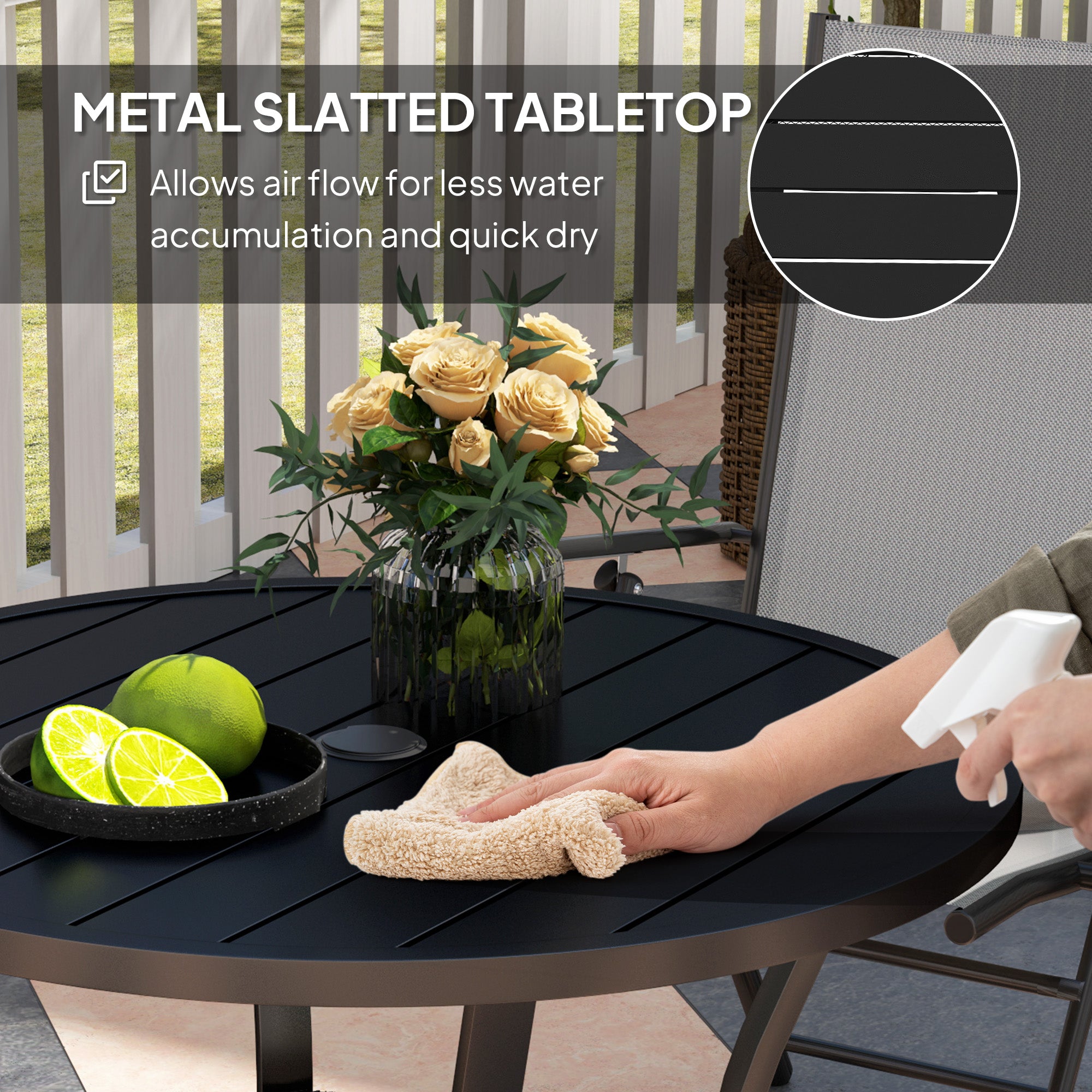 Outsunny 90 cm Garden Dining Table with 4-5 cm Parasol Hole, Round Outdoor Dining Table, Steel Garden Table with Slatted Metal Top and Wire Shelf for Balcony, Porch, Black - North Peak Garden Furniture