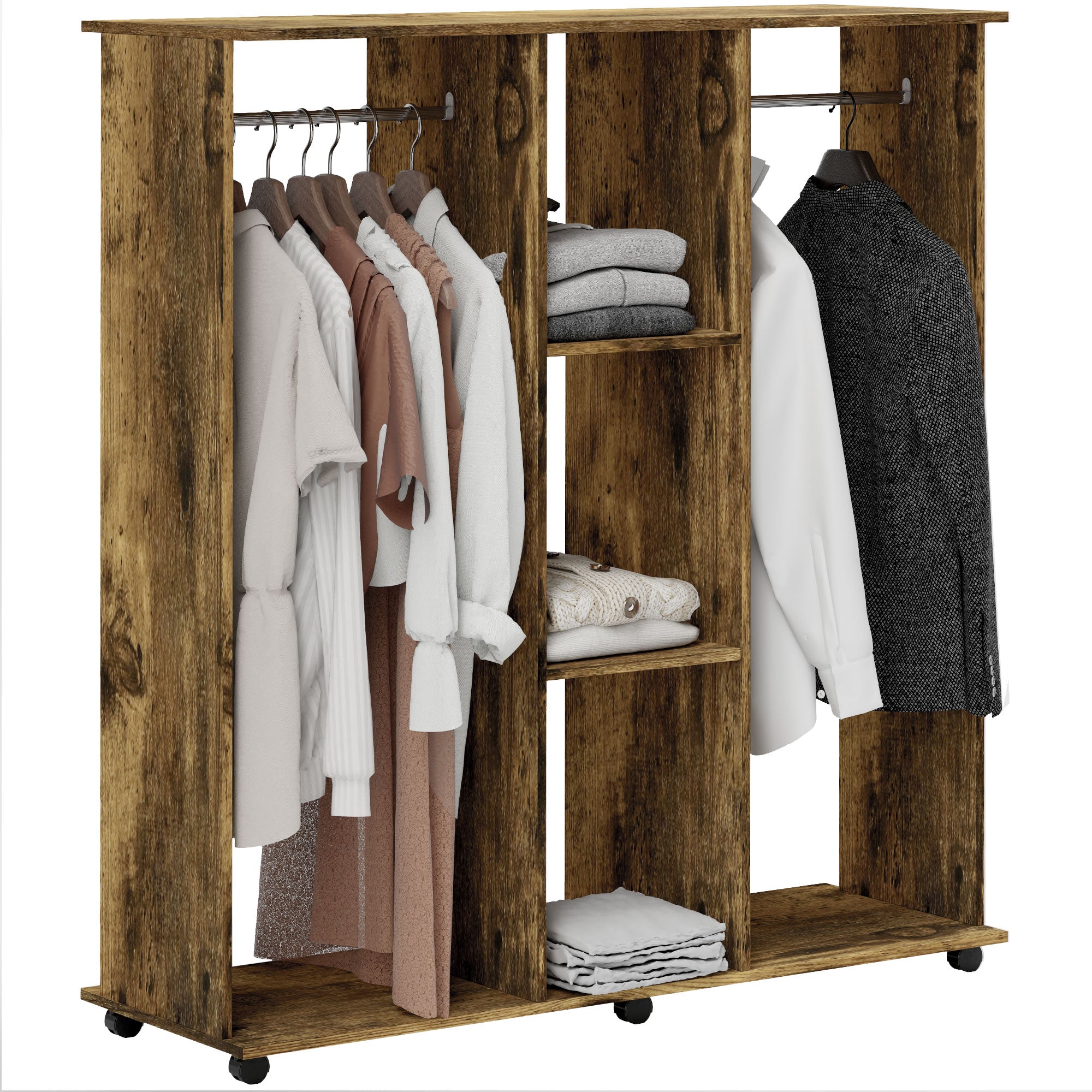 HOMCOM Open Wardrobe Double Mobile Storage Shelves Organizer W/6 Wheels-Rustic Brown - North Peak Garden Furniture