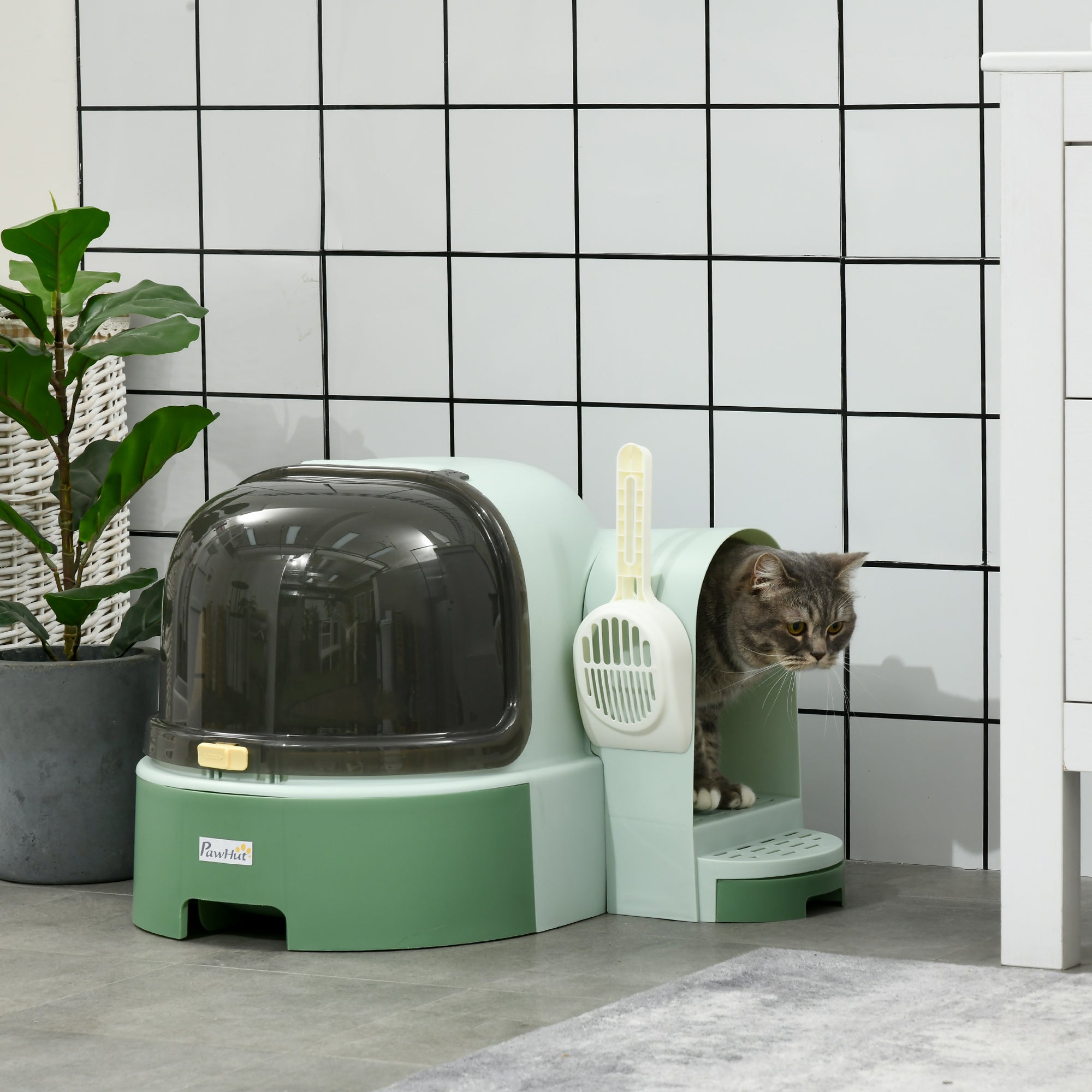 PawHut 2 in 1 Cat Litter Box, with Drawer Pans, Scoop, Openable Cover - Green - North Peak Garden Furniture
