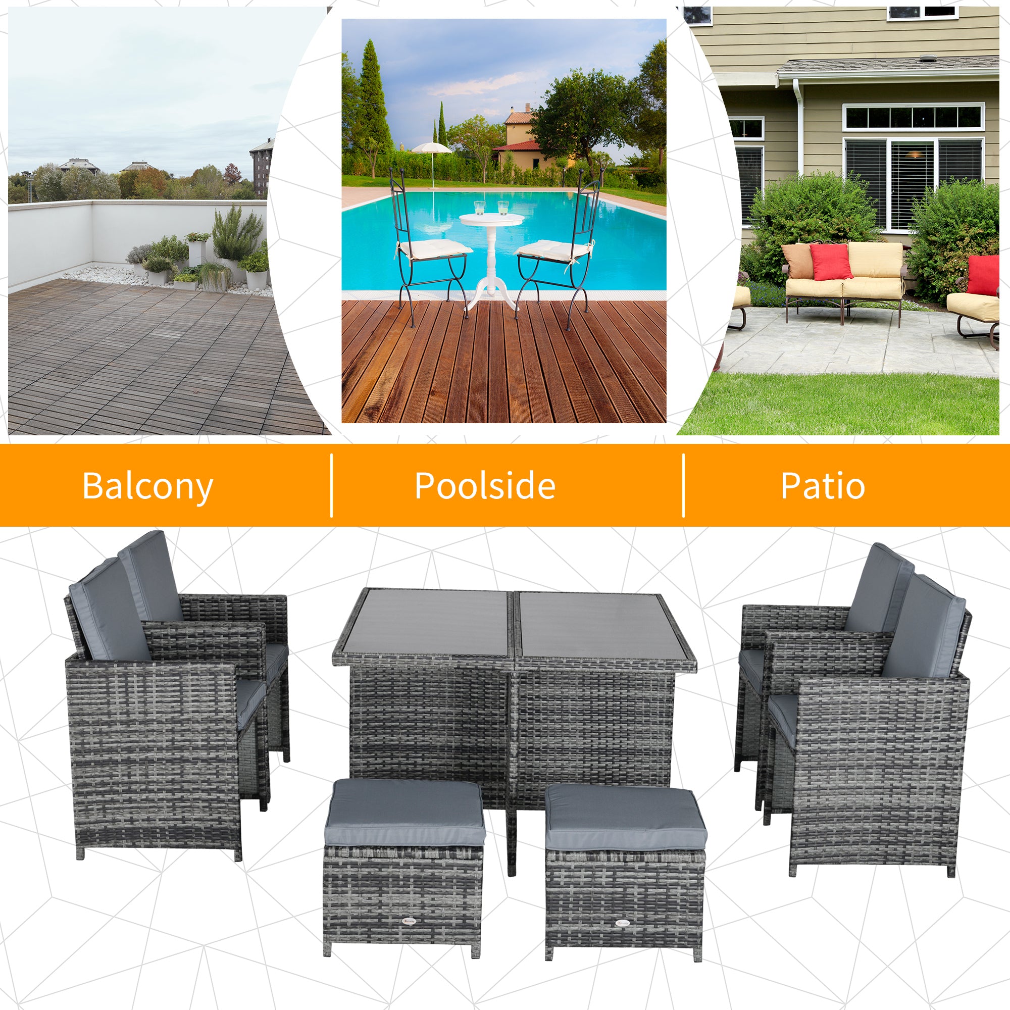 Outsunny 8-Seater Rattan Dining Set Garden Furniture Cushion Seat Woven Rattan Grey - North Peak Garden Furniture