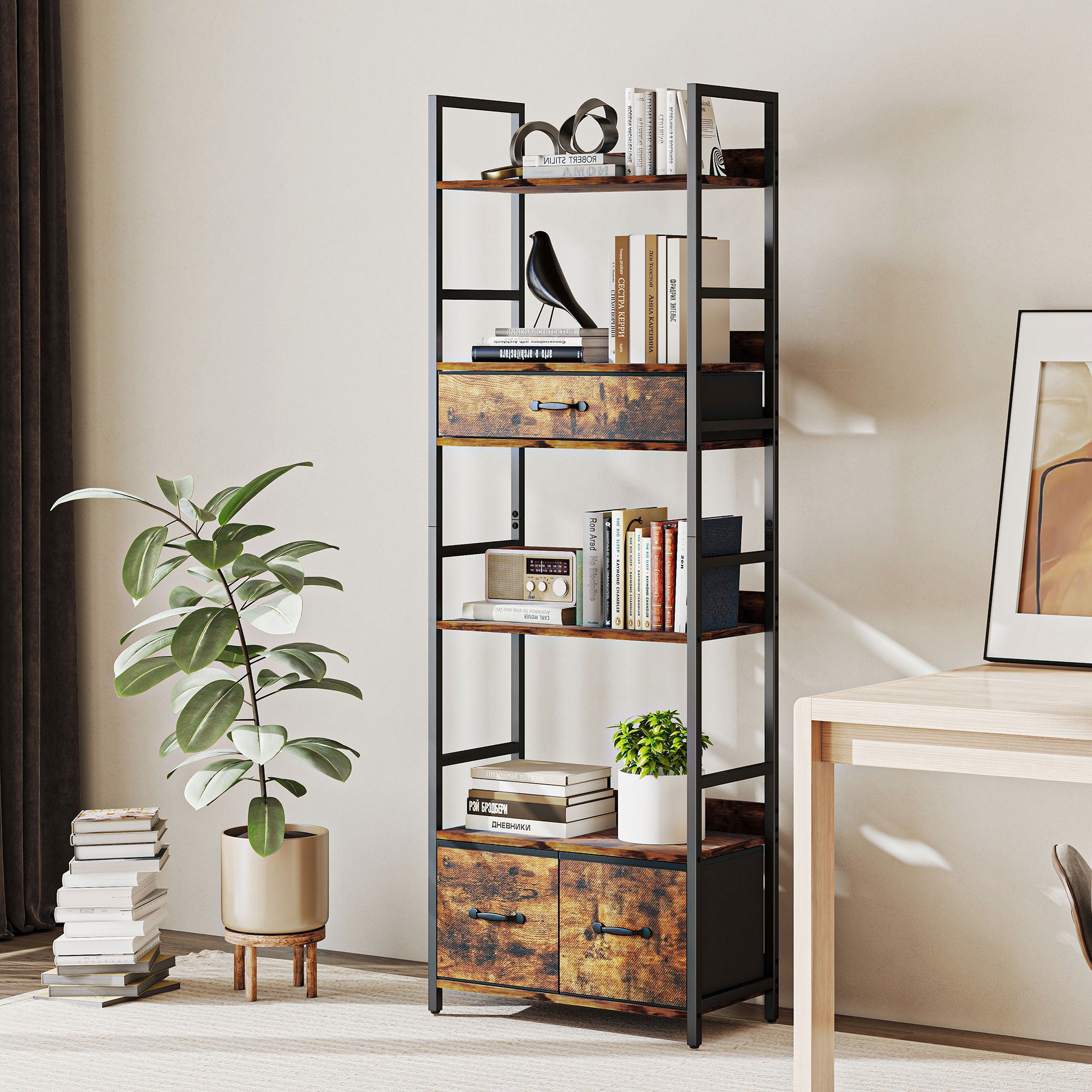 HOMCOM Industrial Style Bookcase, with 4 Shelves and 3 Fabric Drawers - Brown/Black