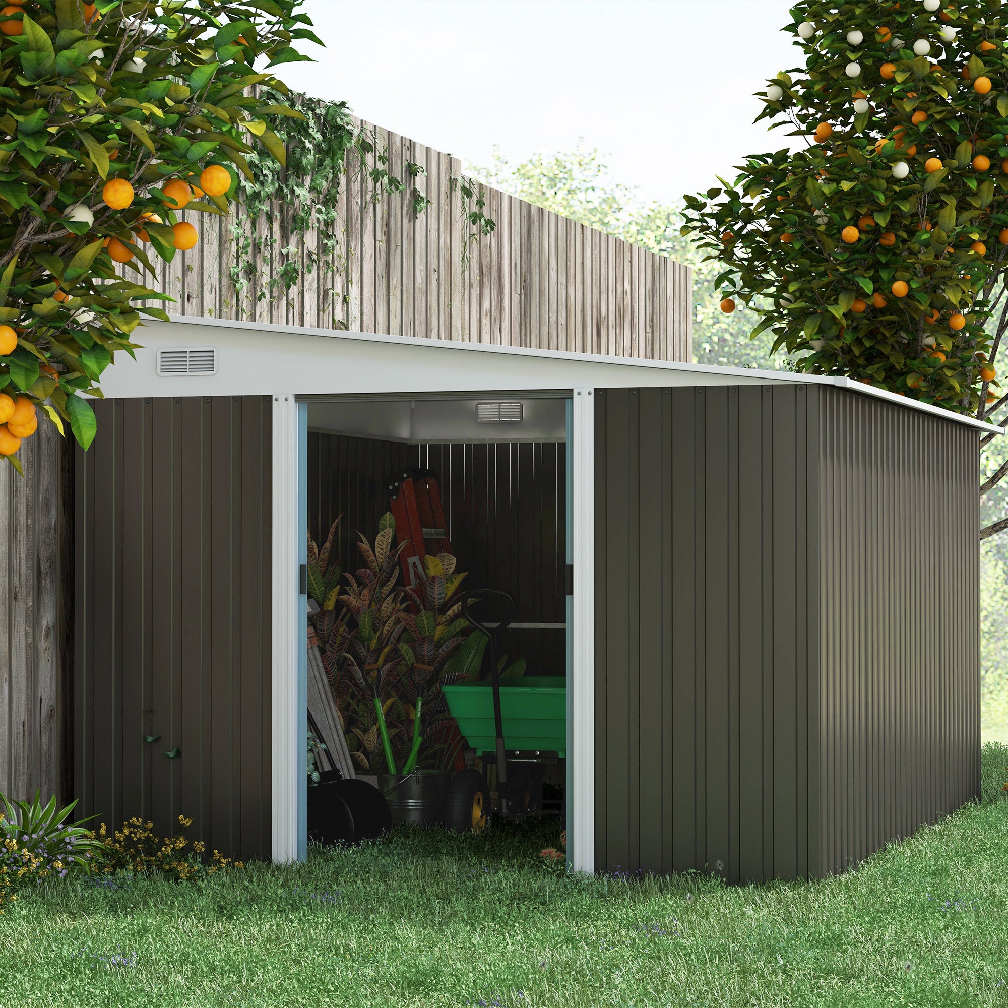 Outsunny 11.3 x 9.2ft Lean to Metal Garden Shed, Outdoor Galvanised Tool Storage House with Double Sliding Doors and 2 Air Vents, Grey