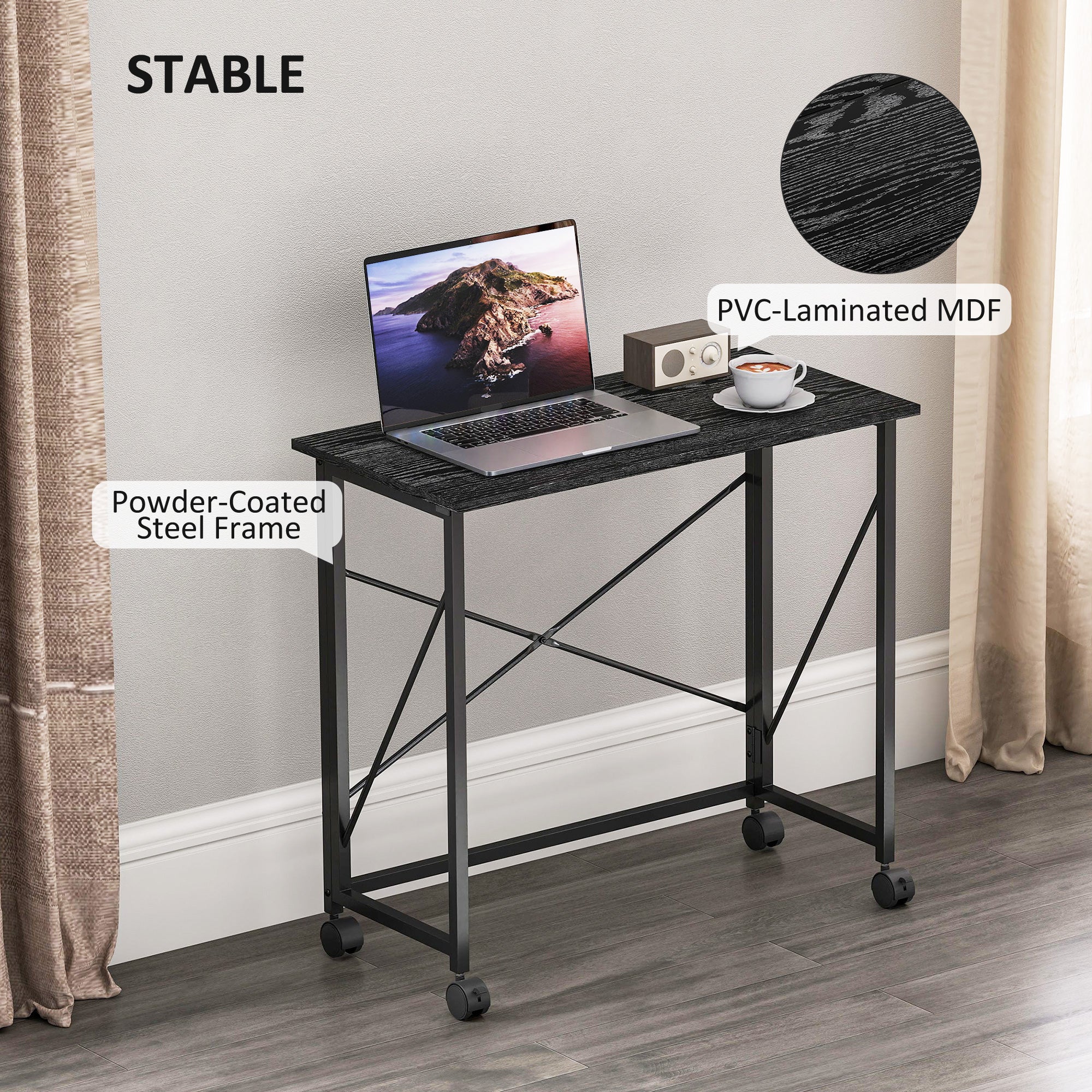 HOMCOM 80 cm Folding Desk on Wheels - Black - North Peak Garden Furniture