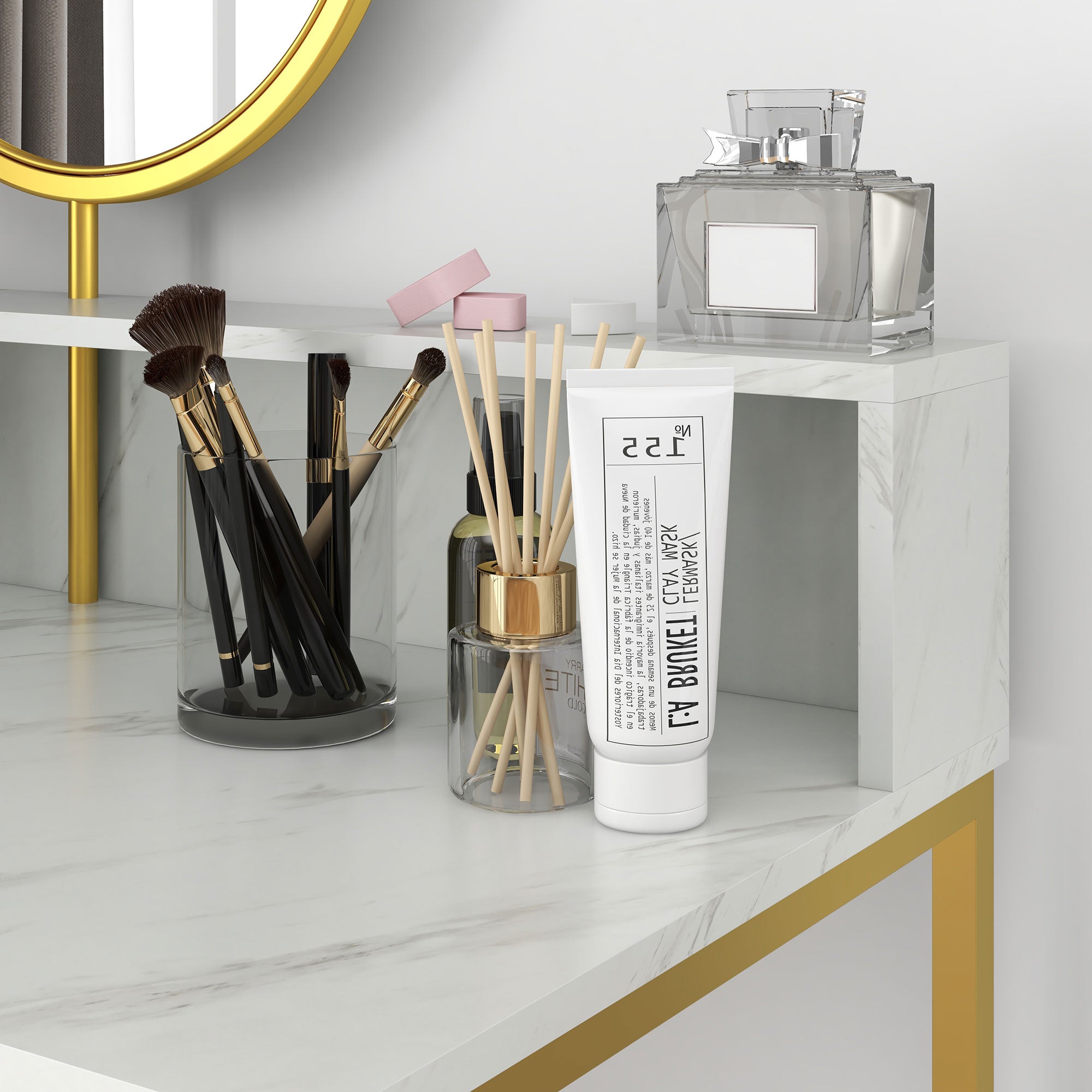 HOMCOM Modern Dressing Table with Round Mirror, Vanity Makeup Desk with Open Storage, Faux Marble Texture and Steel Frame for Bedroom, White - North Peak Garden Furniture