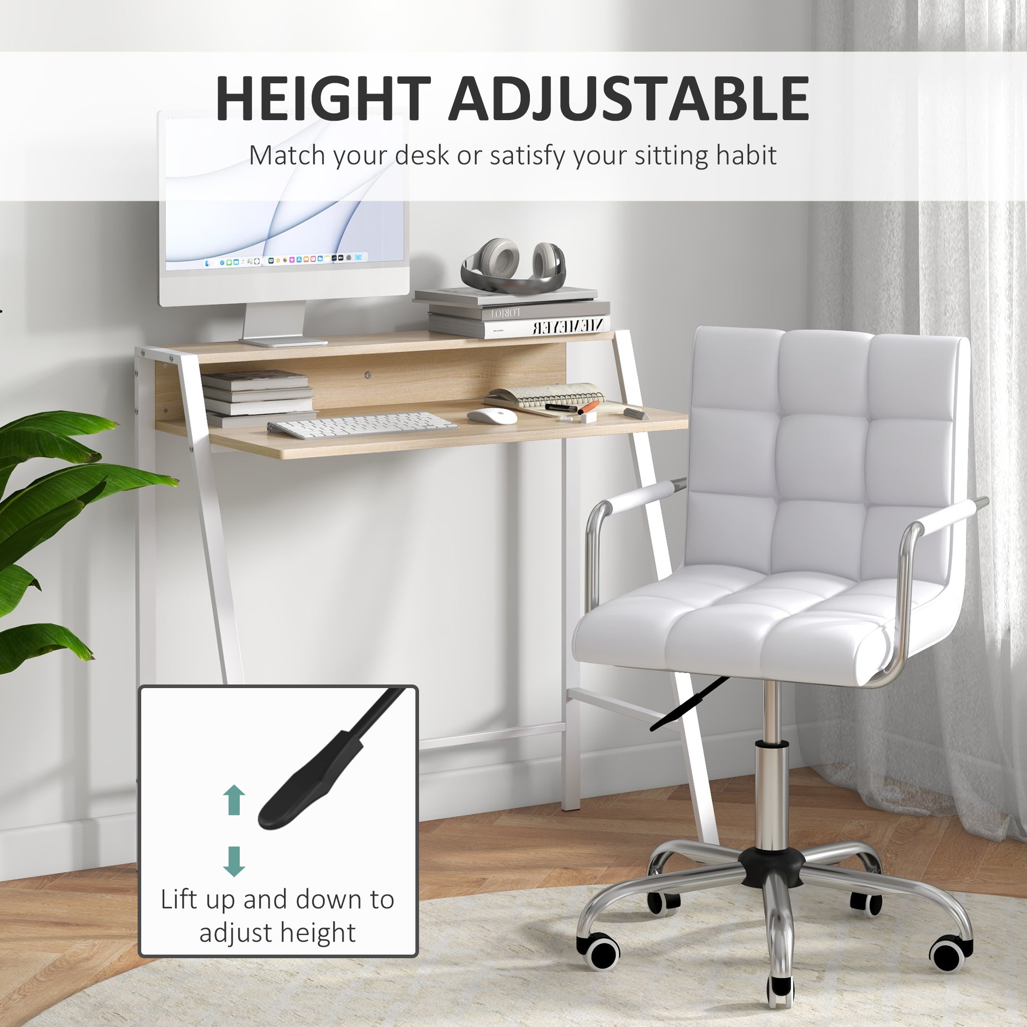 HOMCOM Home Office Chair and Computer Desk Set, Faux Leather Desk Chair with Swivel Wheels, Study Desk with Storage Shelf, White - North Peak Garden Furniture