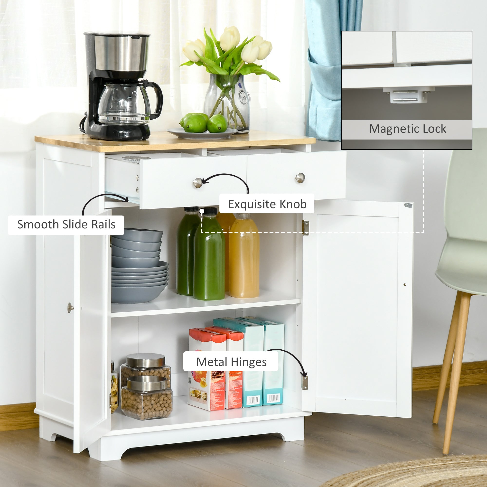HOMCOM Kitchen Floor Cabinet Side Storage Cupboard Multi-use Sideboard Table with Solid Wood Top, Adjustable Shelf,Drawer for Dining Room, Living Room,Hallway - North Peak Garden Furniture