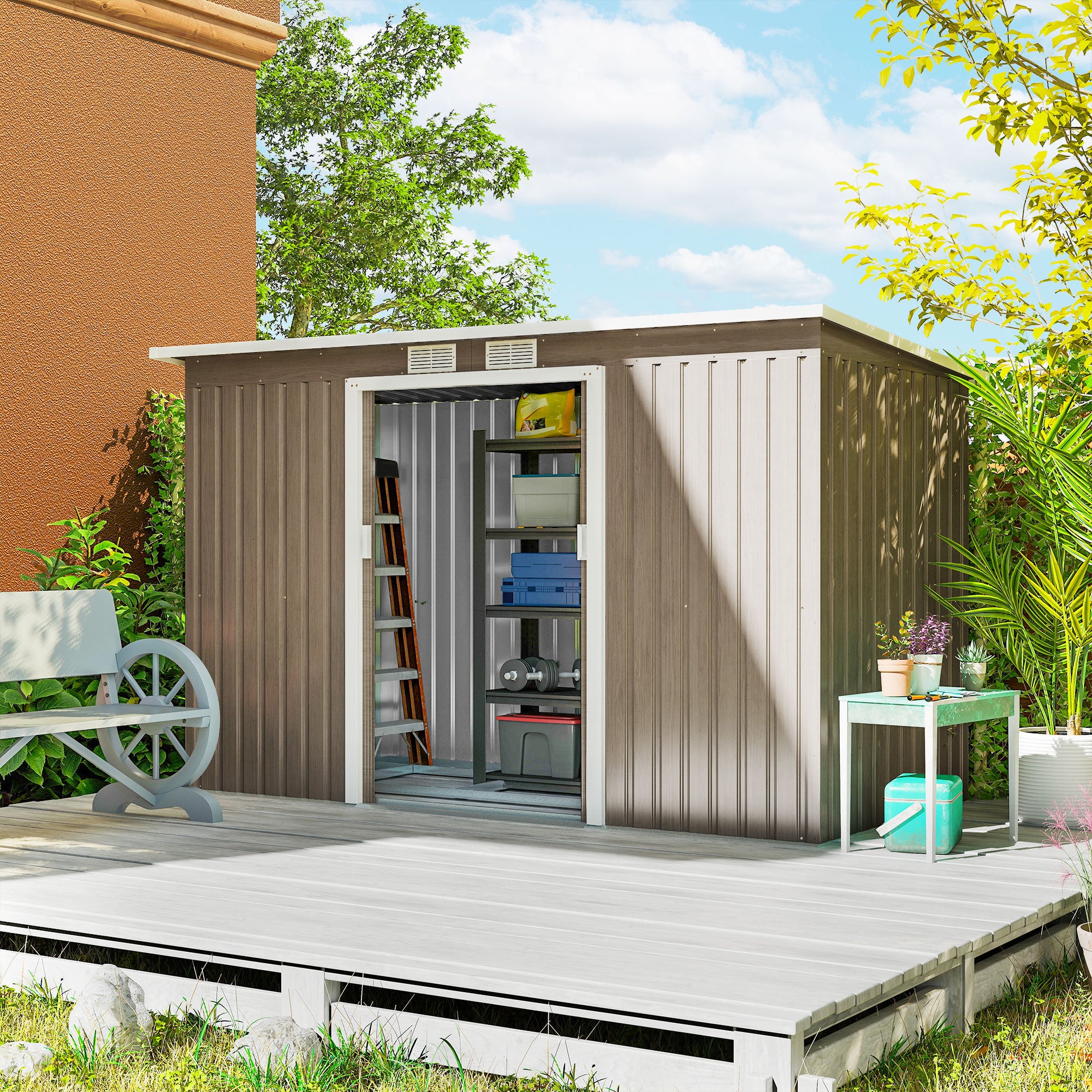 Outsunny 9ft x 4ft Metal Garden Shed, Outdoor Tool House with Foundation Kit, Ventilations and Double Doors, Light Grey Wood Grain