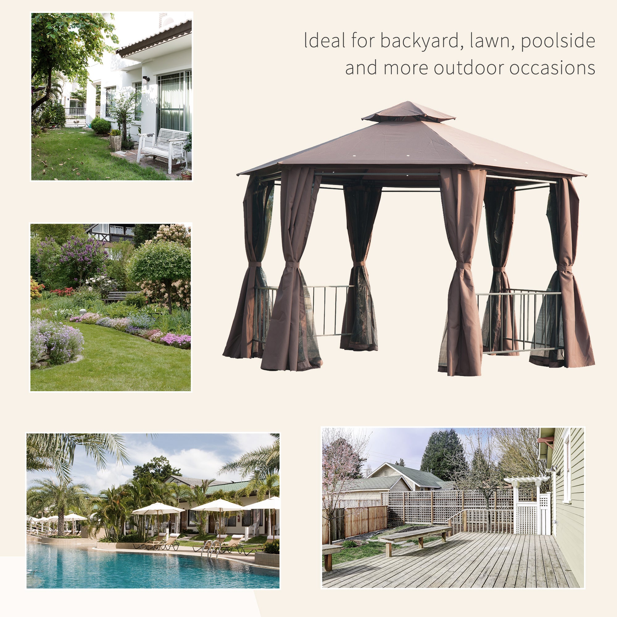 Outsunny 3 x 3(m) Hexagon Gazebo Patio Canopy Party Tent Outdoor Garden Shelter w/ 2 Tier Roof & Side Panel - Brown - North Peak Garden Furniture