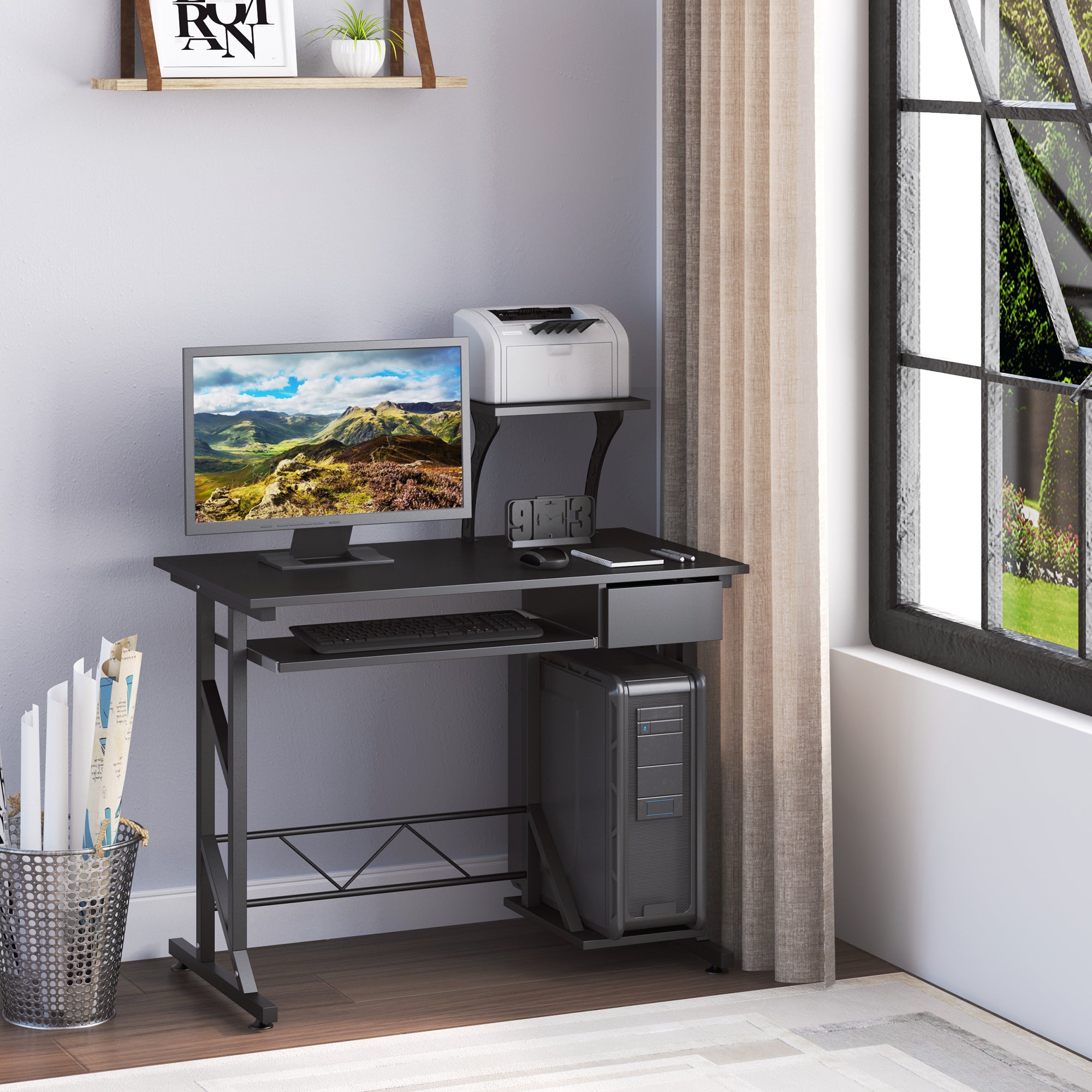 HOMCOM Computer Desk with Display Stand, Sliding Keyboard Tray Drawer and Host Box Shelf Home Office Workstation Black - North Peak Garden Furniture