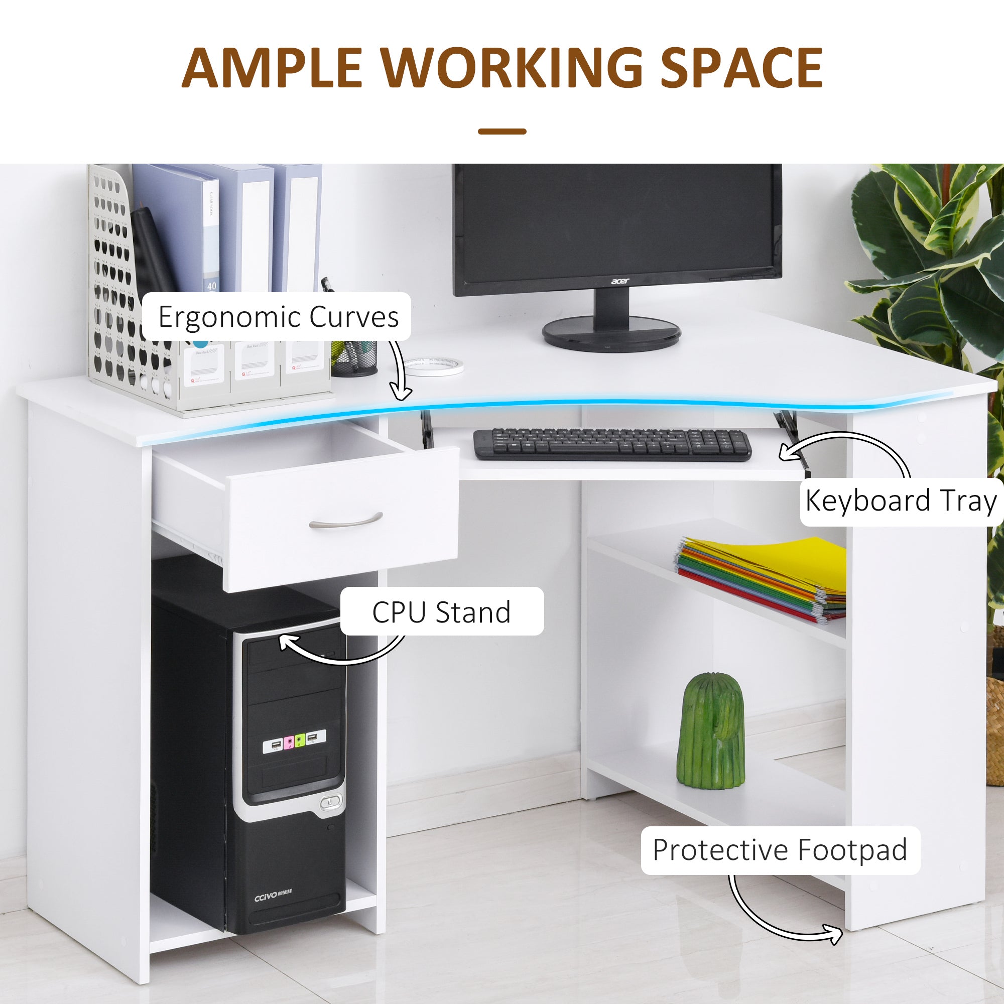 HOMCOM L-Shaped Corner Computer Desk w/ 2 Shelves Wide Worktop Keyboard Tray Drawer & CPU Stand Home Office Study Bedroom Furniture White - North Peak Garden Furniture
