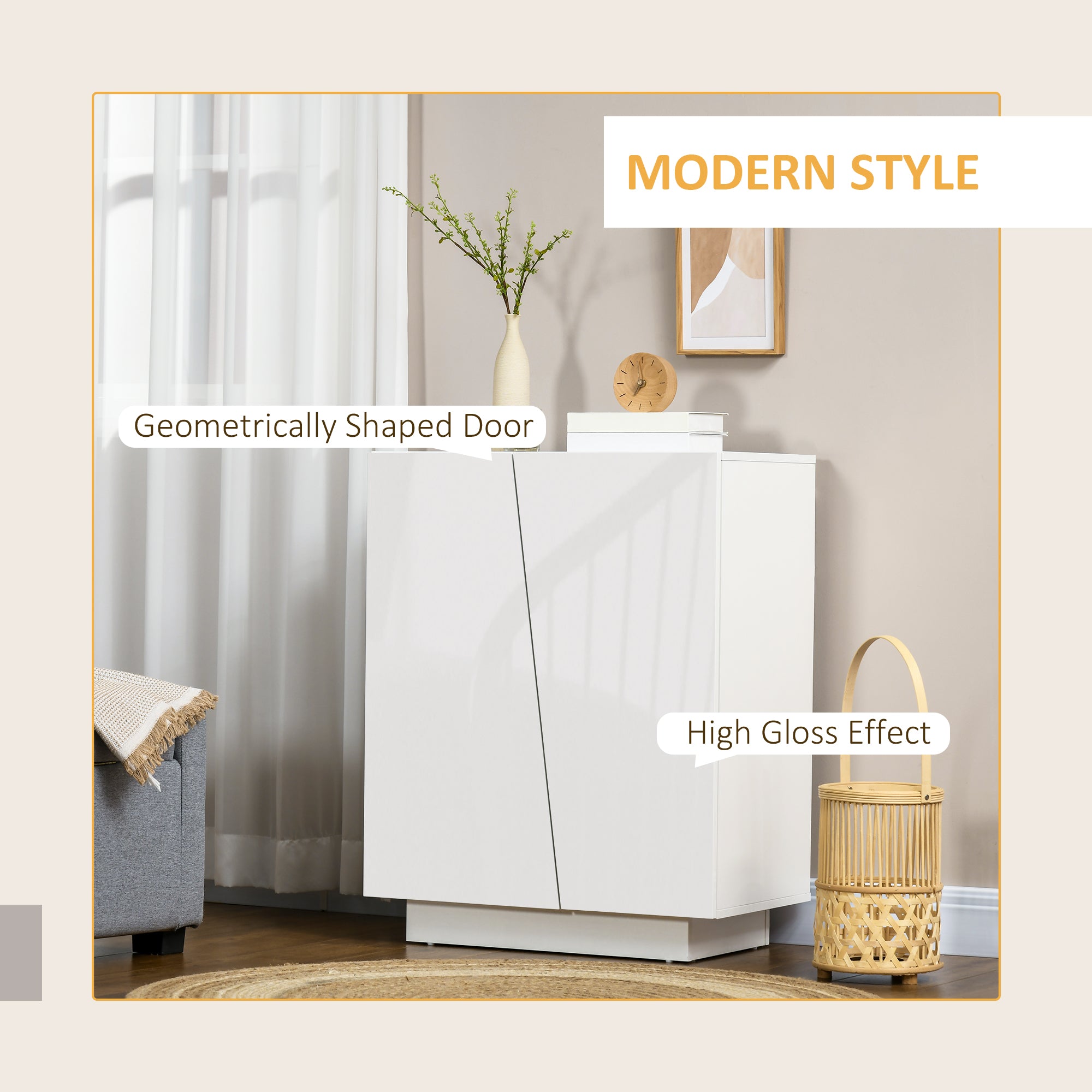 HOMCOM High Gloss Storage Cabinet, Freestanding Storage Cupboard with Adjustable Shelves for Living Room, Bedroom, Hallway, White - North Peak Garden Furniture