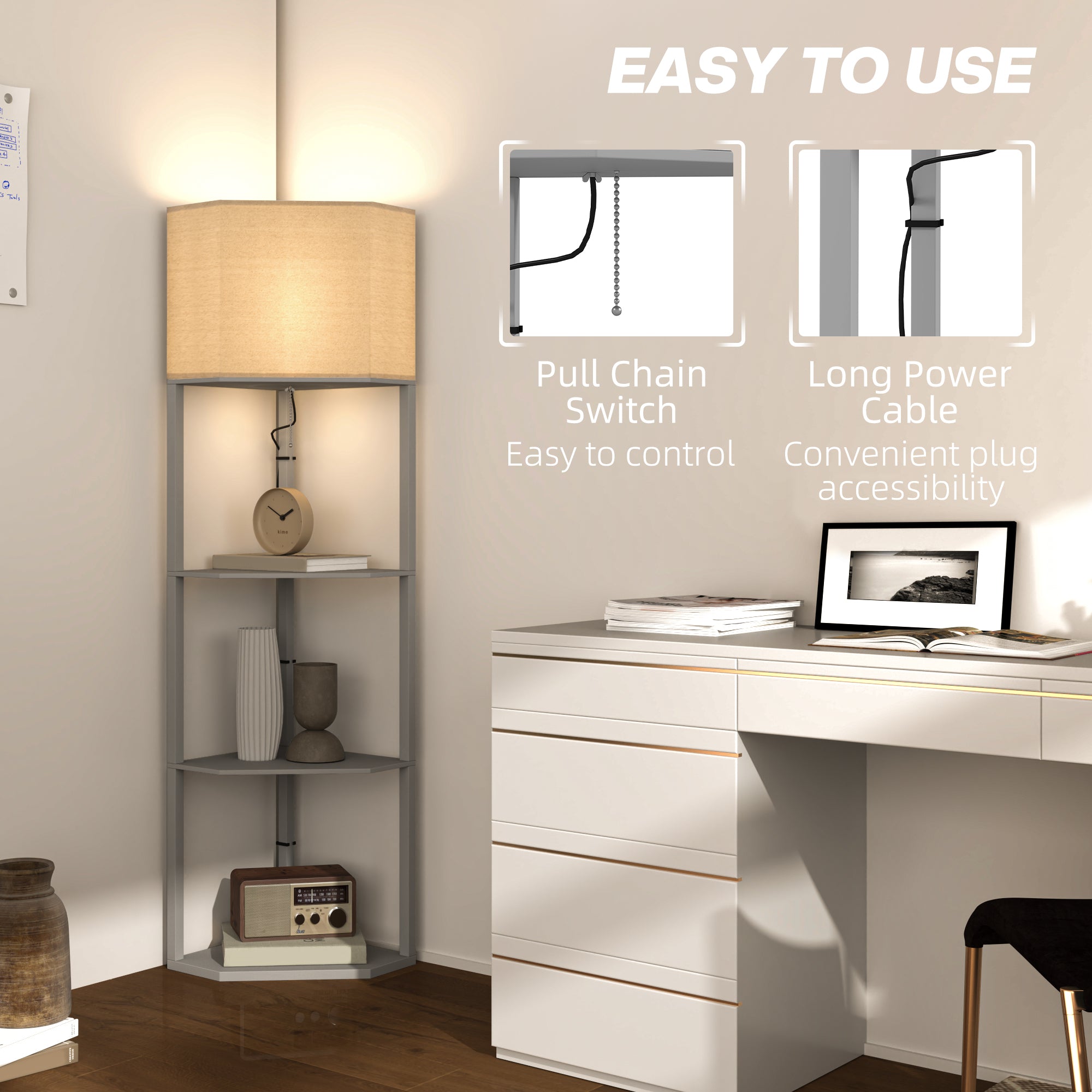 HOMCOM Corner Floor Lamp with Shelves, Tall Standing Lamps for Living Room, with Pull Chain Switch Bulb not Included, Grey - North Peak Garden Furniture