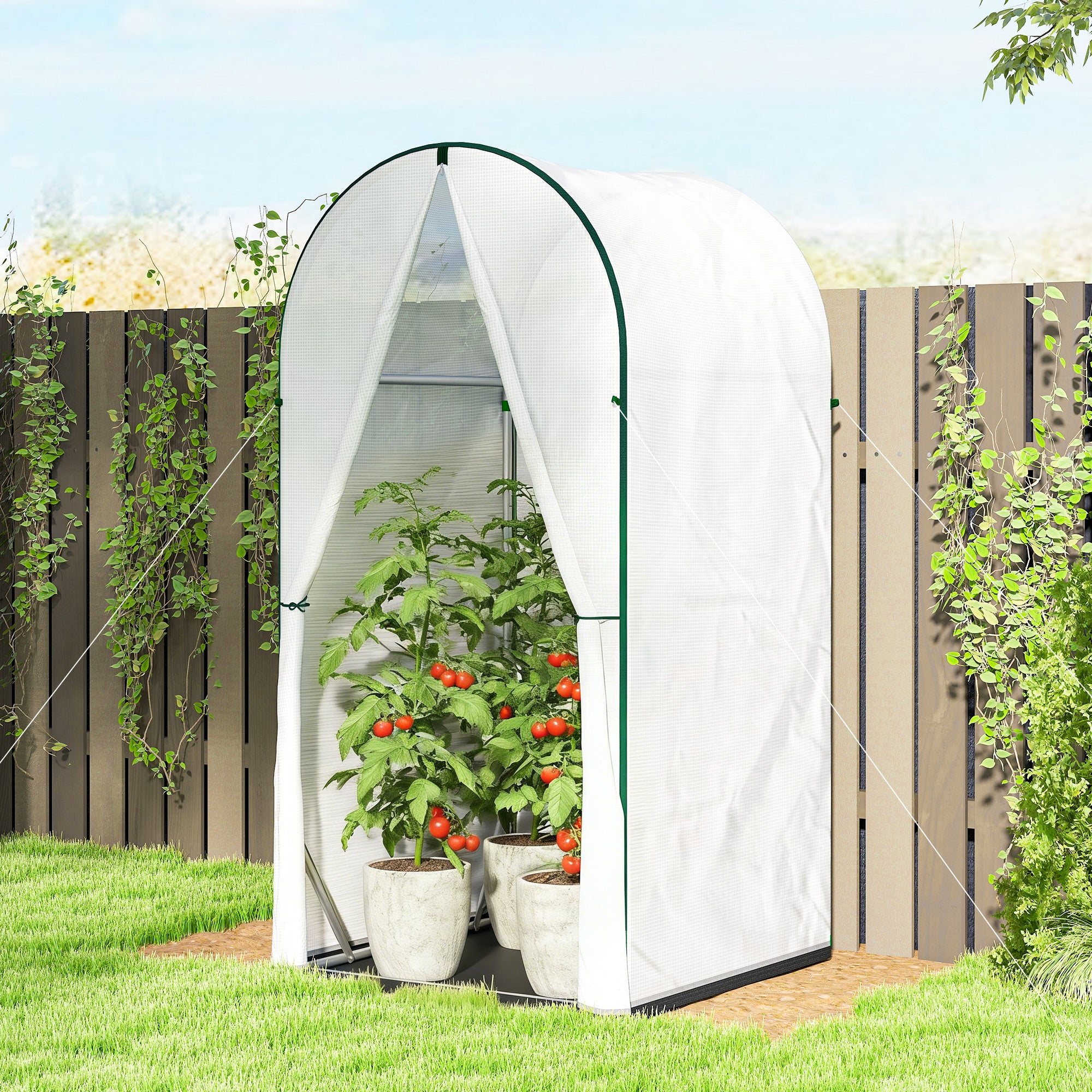 Outsunny Mini Greenhouse, Portable Green House with Roll-Up Door, PE Base, Small Greenhouse, 100 x 100 x 195 cm, White