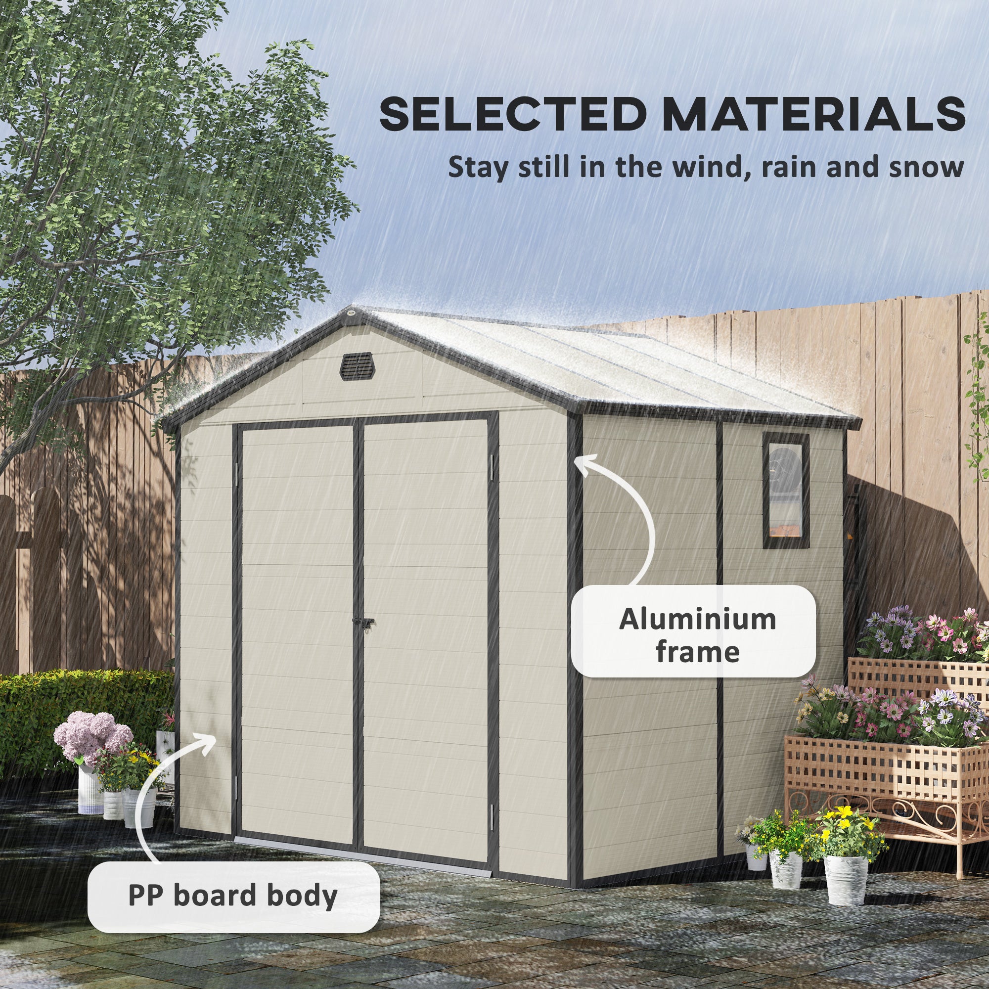 Outsunny 7.9ft x 6.2ft Aluminium Frame and Plastic Wall Shed, with Foundation - Cream White - North Peak Garden Furniture