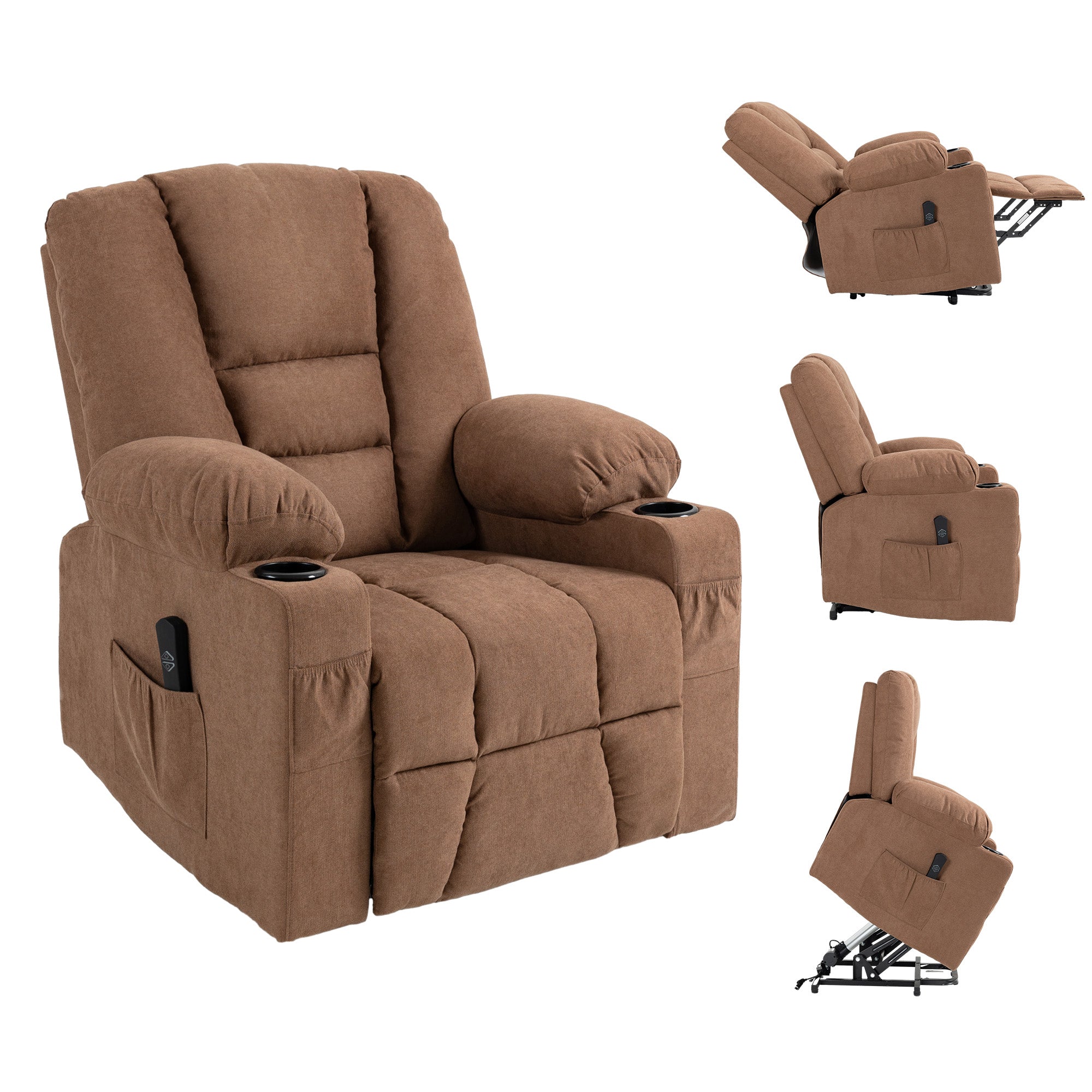 HOMCOM Oversized Riser and Recliner Chairs for the Elderly, Fabric Upholstered Lift Chair for Living Room with Remote Control, Side Pockets, Cup Holder, Brown