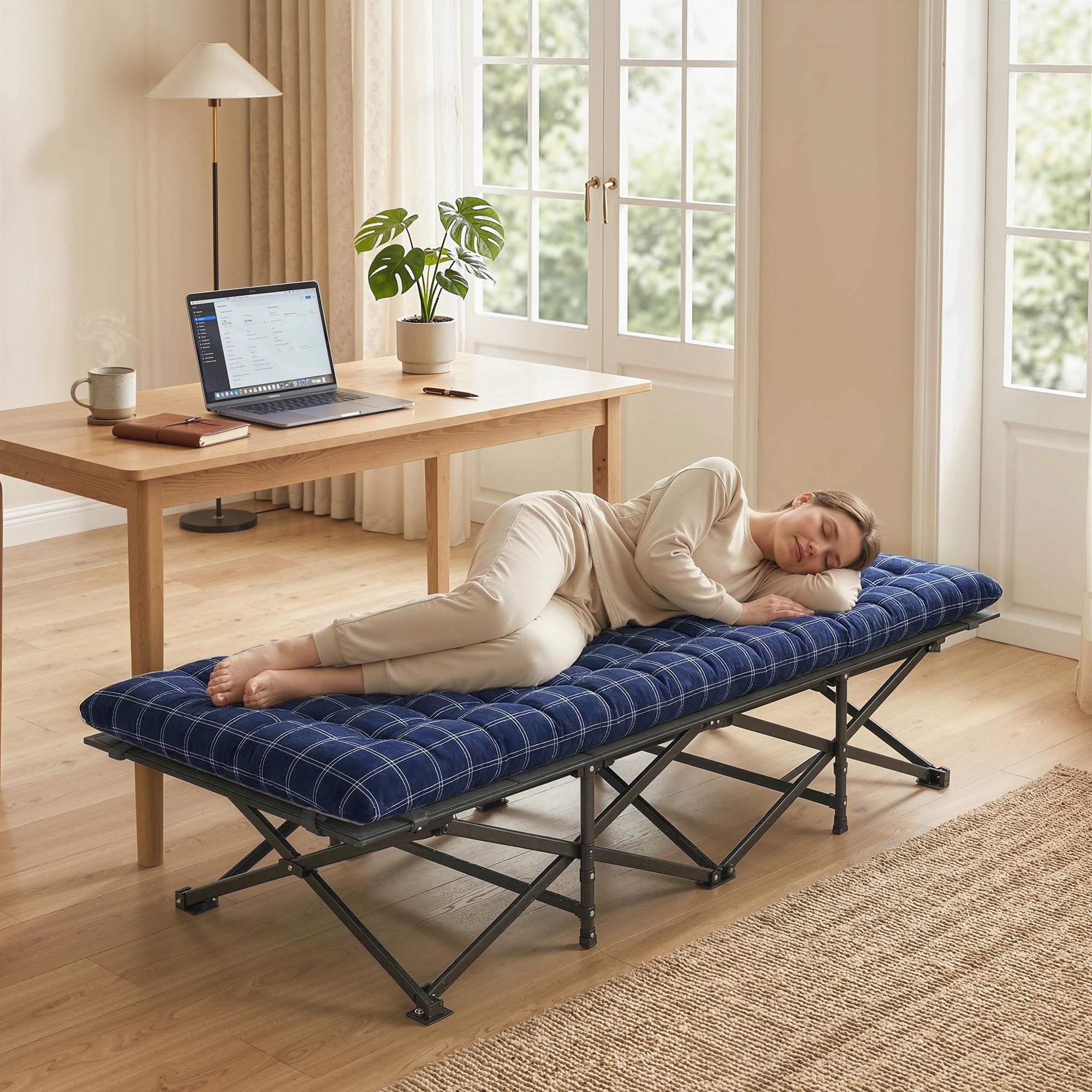 Outsunny Camping Cot with Soft Pad, 80cm Extra Wide Folding Cots with Side Pocket and Carry Bag, Blue