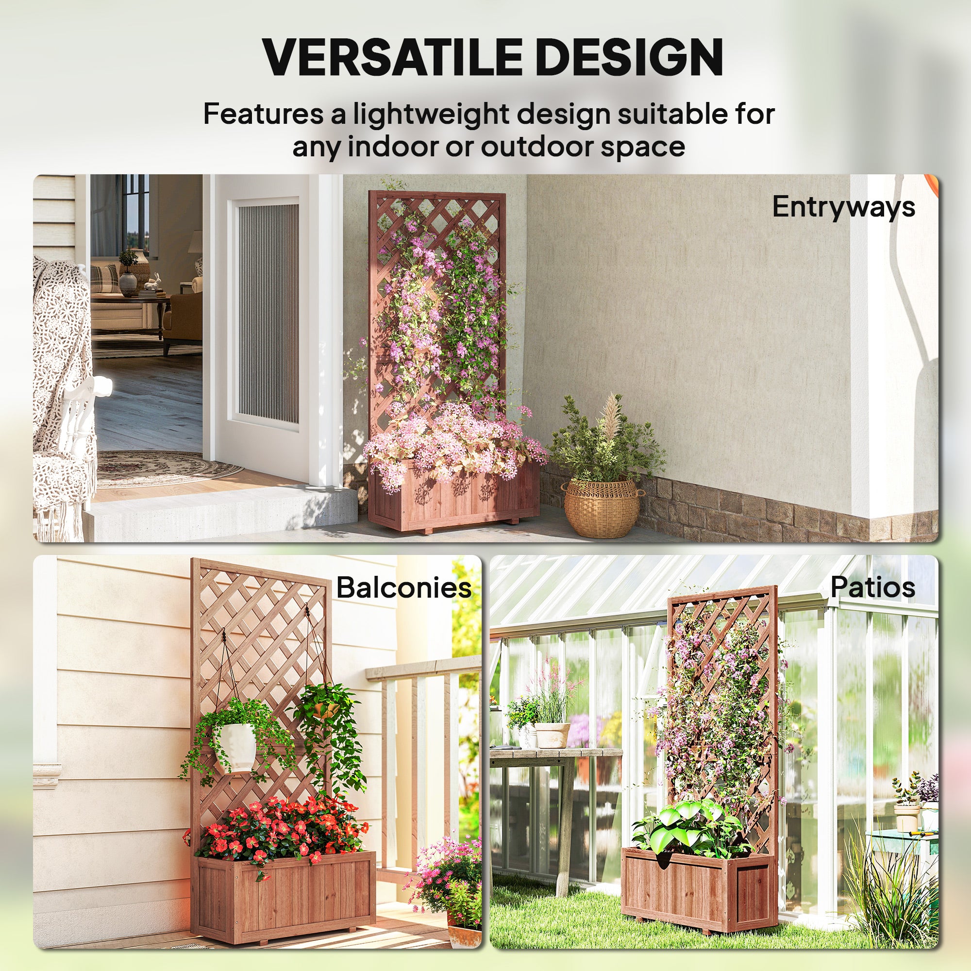 Outsunny 72.5 x 31.5 x 149.5 cm 45L Garden Wooden Pine Trough Planter with Topped Trellis Climbing Plants Flower Raised Bed, Orange
