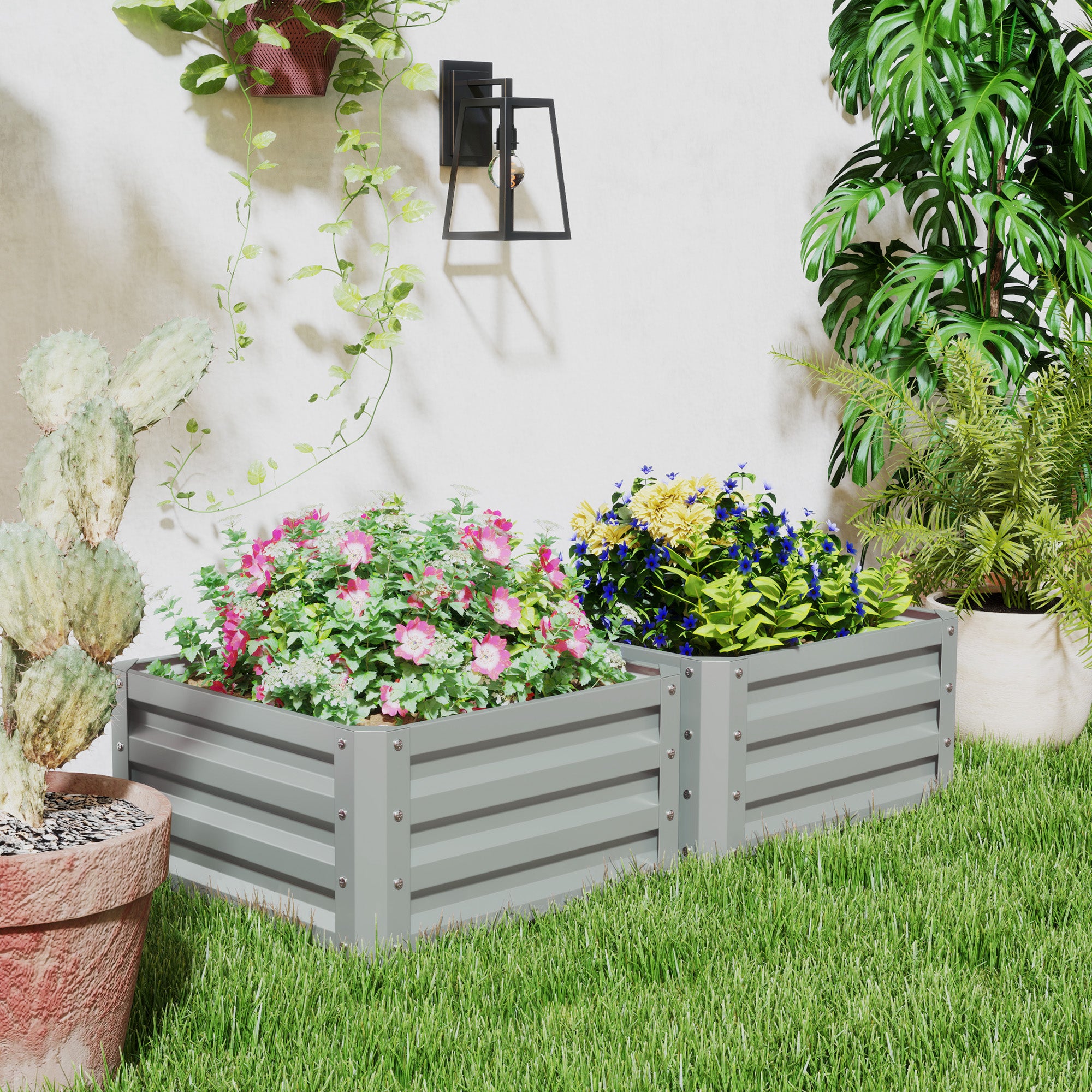 Outsunny Set of Two 60 x 60cm Steel Planter Boxes - Light Grey - North Peak Garden Furniture