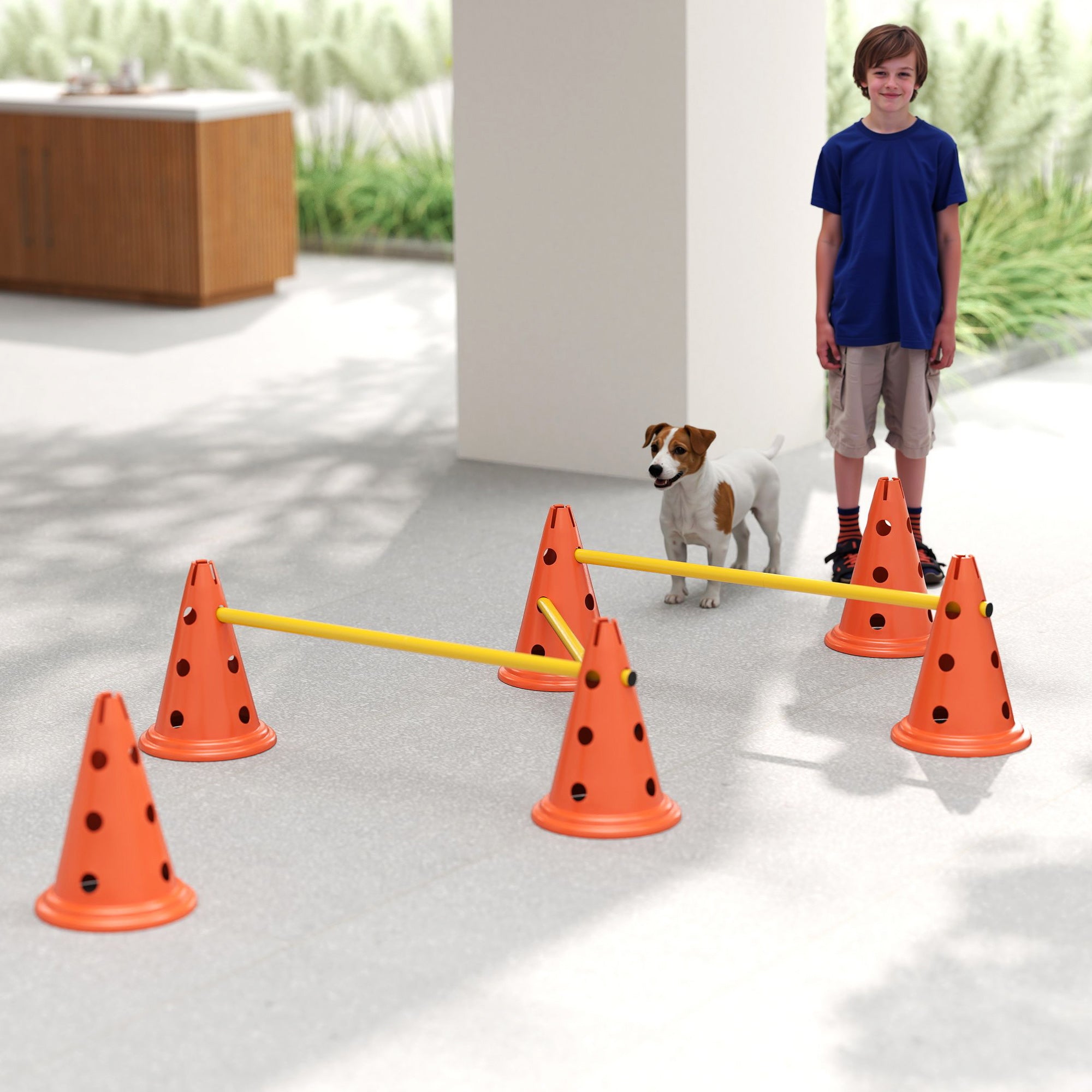 PawHut Dog Agility Equipment Set of 6 Cones, 6 Poles with Carry Bag, 3 PCS Adjustable Height Jumping Obstacles, Orange - North Peak Garden Furniture