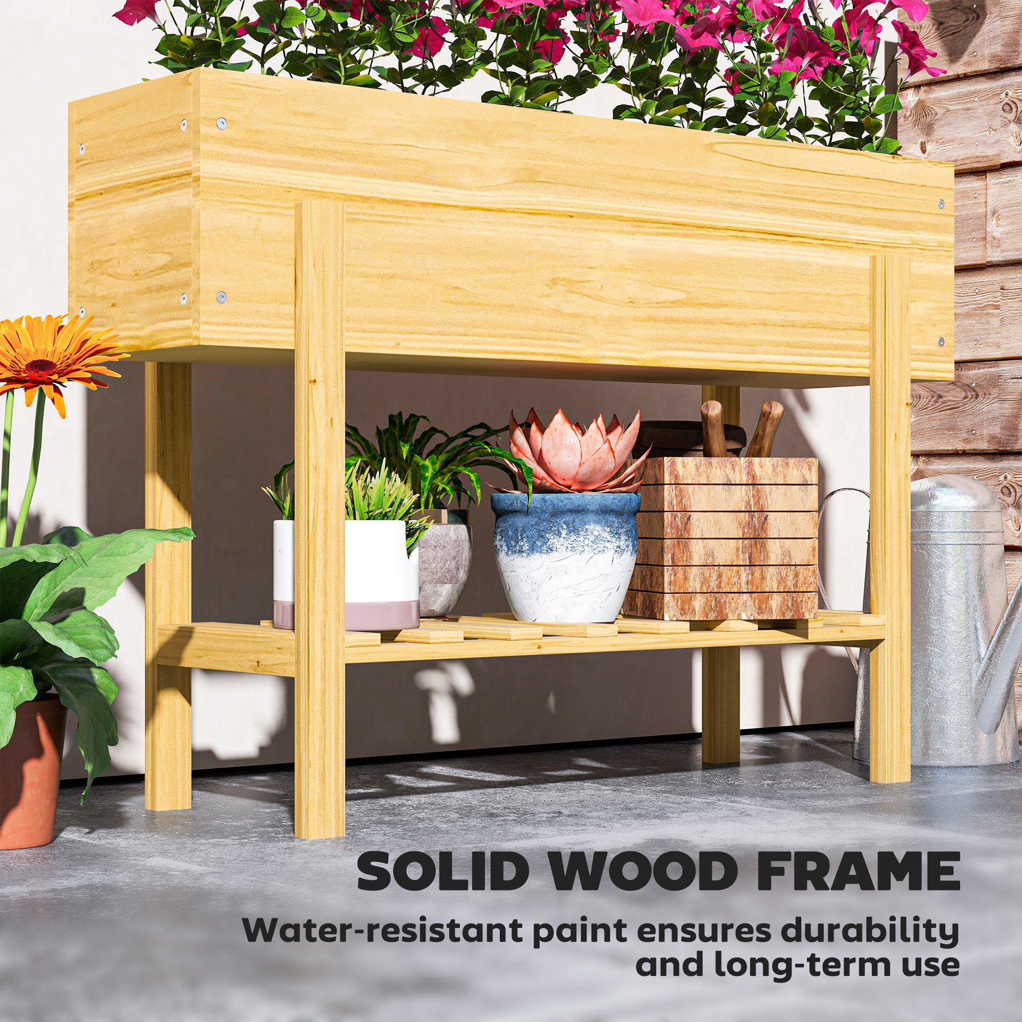 Outsunny Wooden Raised Garden Bed, Elevated Planter Box with Bed Liner, Drainage Holes and Storage Shelf, Raised Planter for Vegetables, Flowers, Herbs, 100 x 30 x 71 cm, Natural Wood Finish - North Peak Garden Furniture