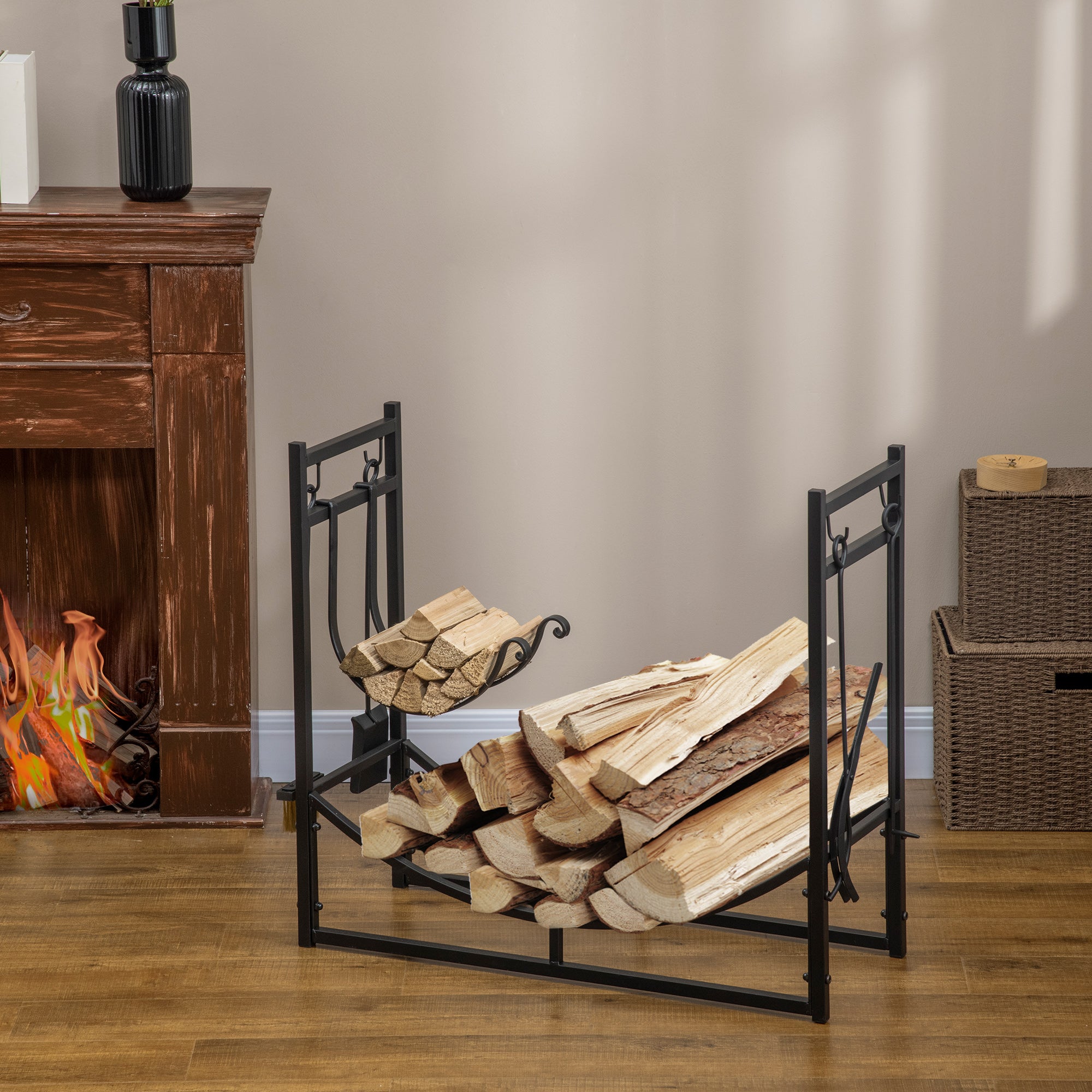 Outsunny Metal Firewood Log Holder Indoor Outdoor Firewood Rack Fireplace 2 Tier Wood Storage Shelf with 4 Tools, Hooks, Scrolls, Black, 84W x 33D x 76H cm - North Peak Garden Furniture