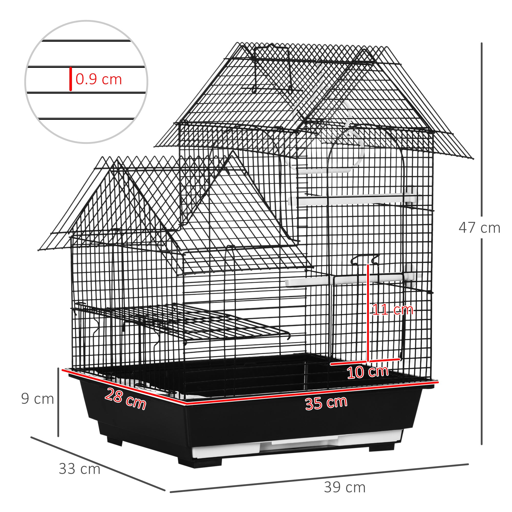 PawHut Metal Bird Cage w/ Stand, Parrot Cockatiel Budgie Finch Canary, Includes Food Containers Swing Ring Tray, Black, 39 x 33 x 47 cm | Aosom UK